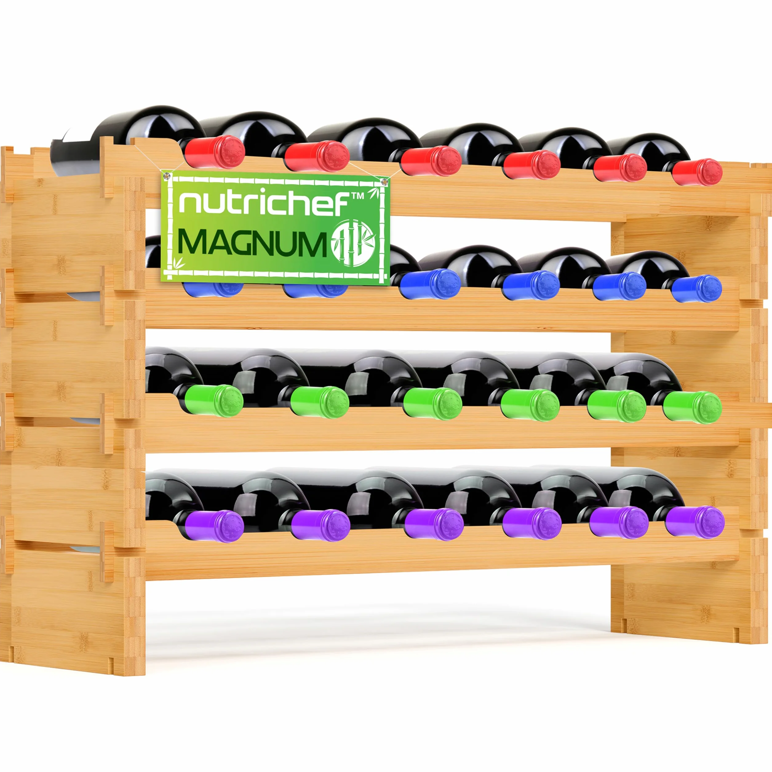 NutriChef Portabottiglie Vino Modulare in Bambù, Cantinetta Vino Legno Impilabile a 4 Ripiani per 24 Bottiglie Formato Magnum (Diametro 10 cm), Design a Croce 2x