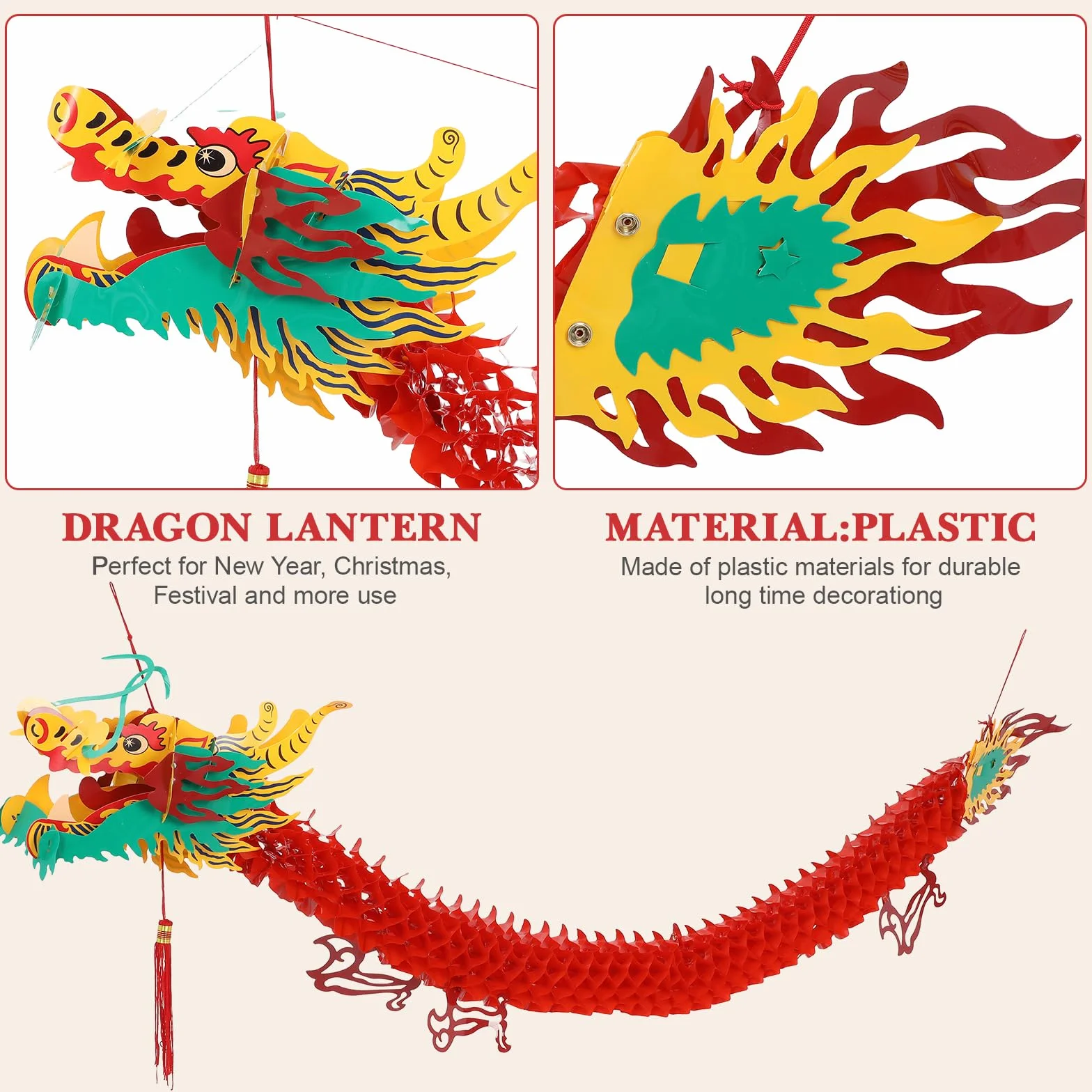 Amosfun Cinese Lanterne Di Plastica 1,5M Decorazioni Capodanno Drago Tradizionale Ornamenti Sospesi Festa