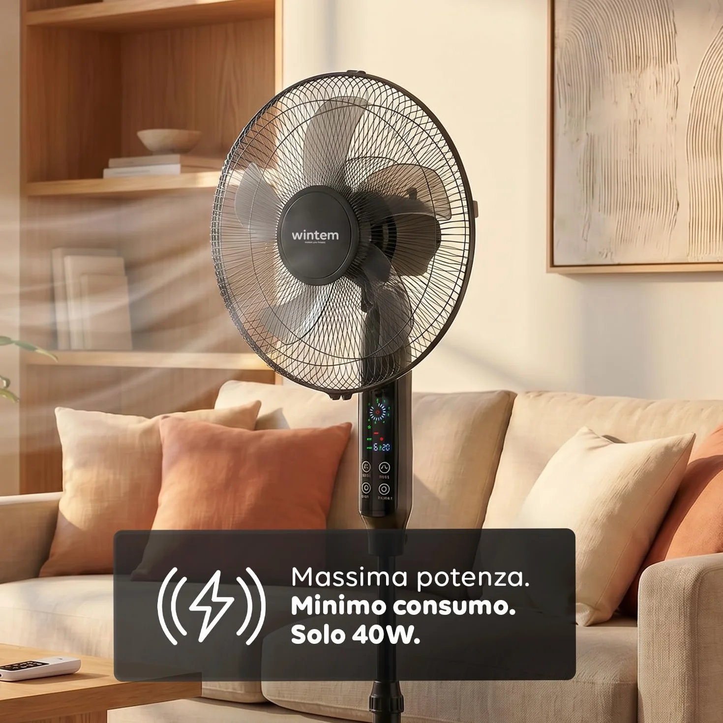 Wintem - Ventilatore a Piantana 40 cm con Telecomando – Altezza Regolabile da 125 a 135 cm – 6 Velocità, Timer 7,5H e Comandi Touch – Piantana Silenziosa 40W (Nero)