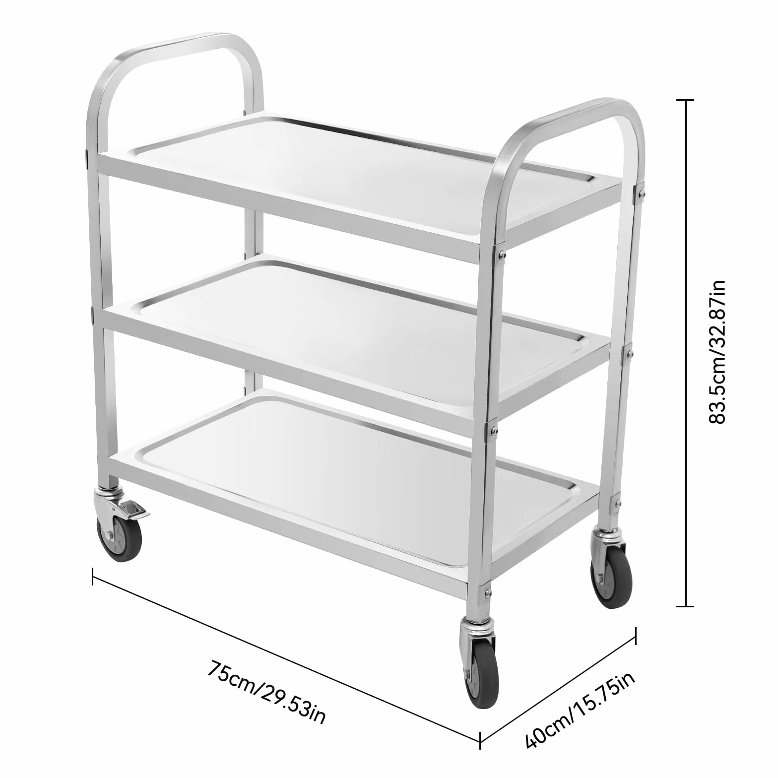 Carrello da portata a 3 ripiani, in acciaio inox con ruote e freni, 75 x 40 cm, carrello da cucina arrotolabile, portata 20 kg per livello, per ristorante, cucina e casa