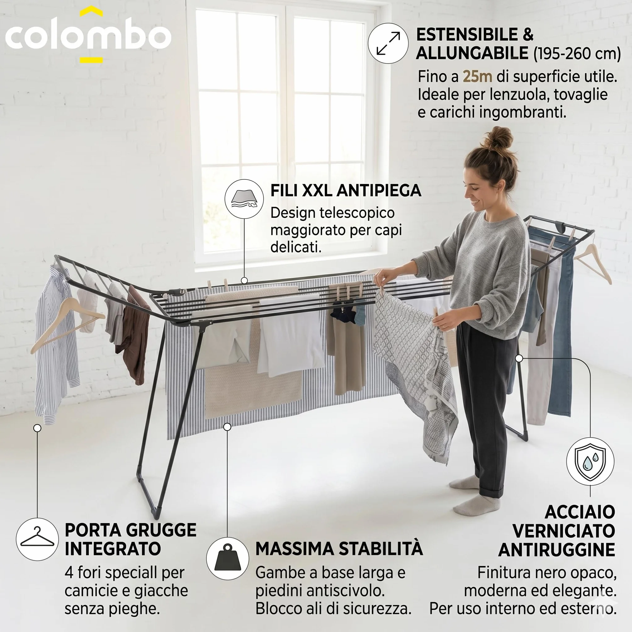 Colombo Stendibiancheria Estensibile Brooklyn XXL 195-260 cm Acciaio Antiruggine Stenditura 25m