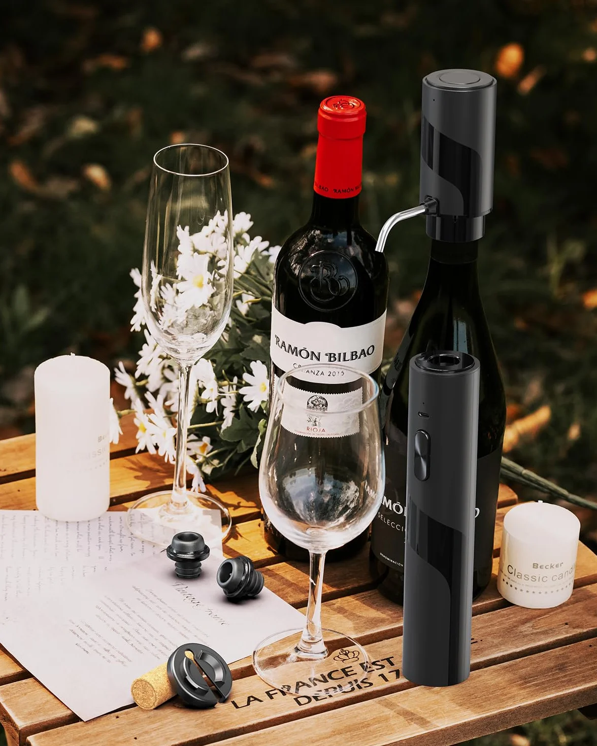 CIRCLE JOY Cavatappi Elettrico Set regalo, Apribottiglie Ricaricabile 2 in 1, Aeratore Versatore Vino, Tappi a vuoto USB