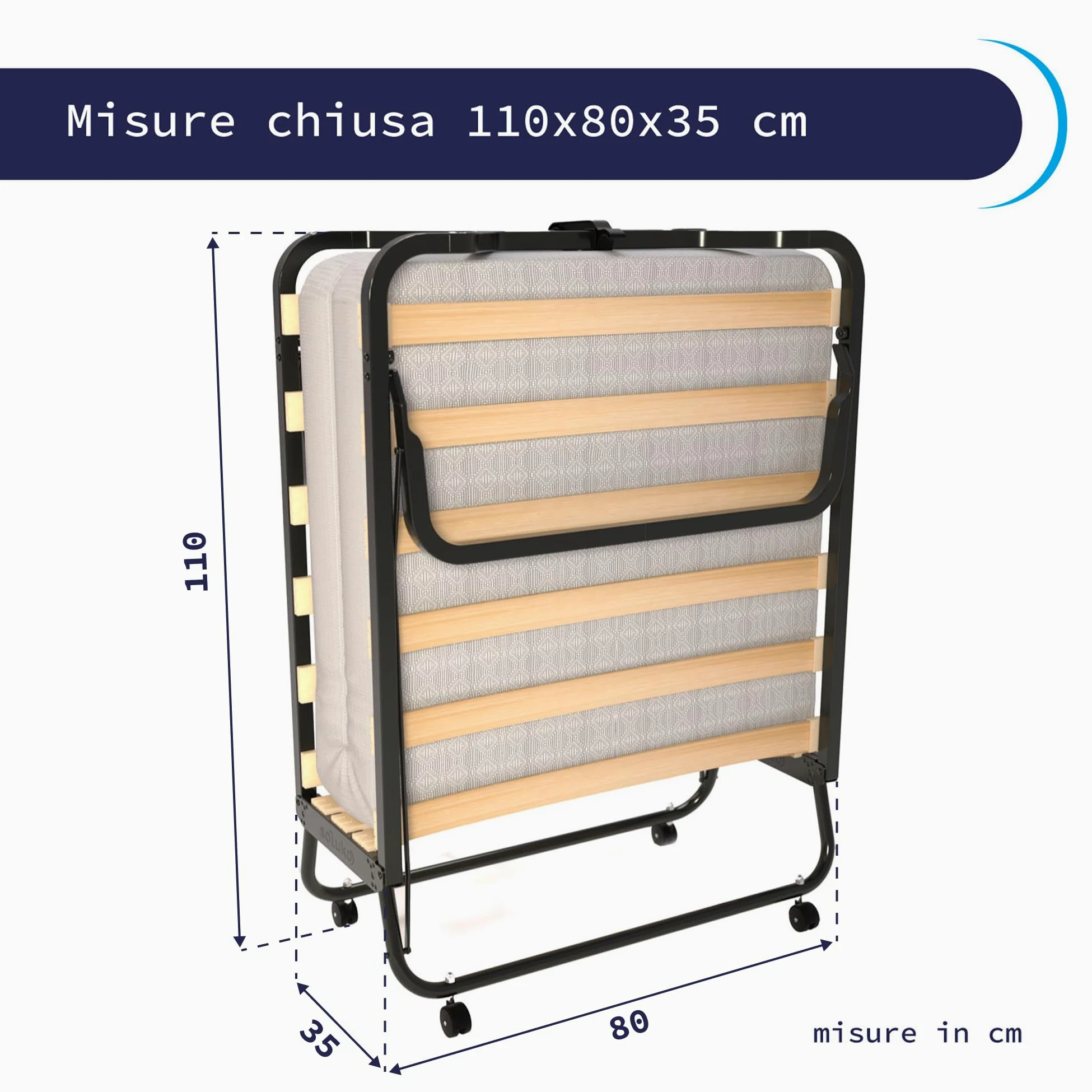 Soluko | Letto Brandina Pieghevole a Doghe Con Materasso Memory Foam e Copertura Salvapolvere Inclusa, Struttura Resistente e 4 Ruote Girevoli, 100% Made In Italy 80x200