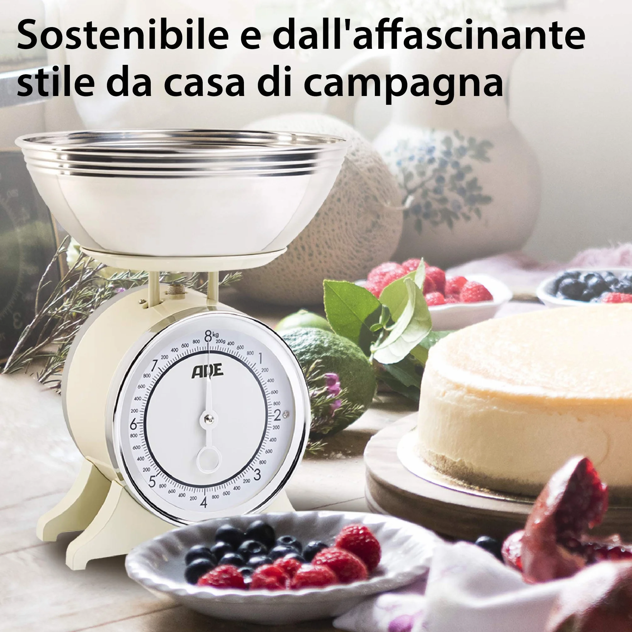 ADE Bilancia da cucina meccanica retrò 8 kg analogica con ciotola in acciaio inox bianco crema