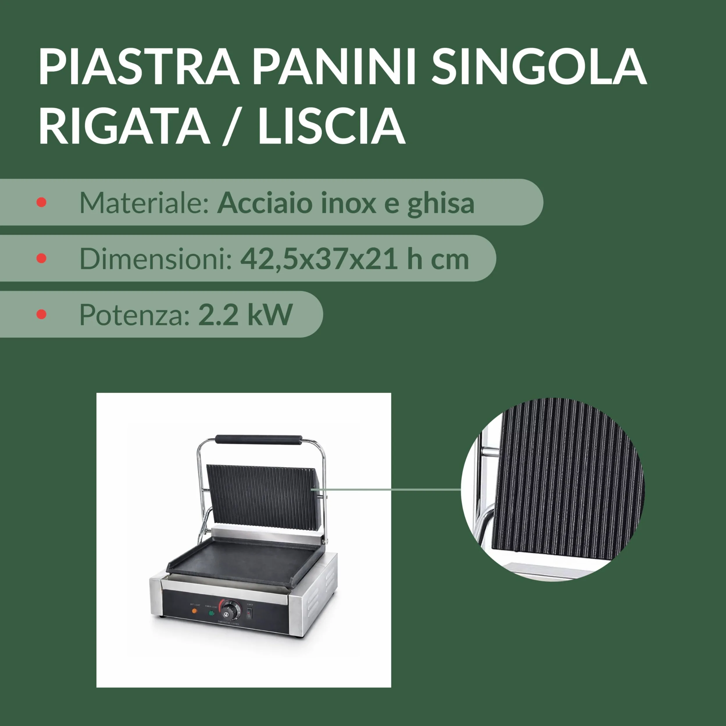 Ristoattrezzature - Piastra Panini Elettrica Singola - Rigata/Liscia - Griglia Professionale per Ristoranti e Bar - 42,5x37x21 cm - 2.2 kw