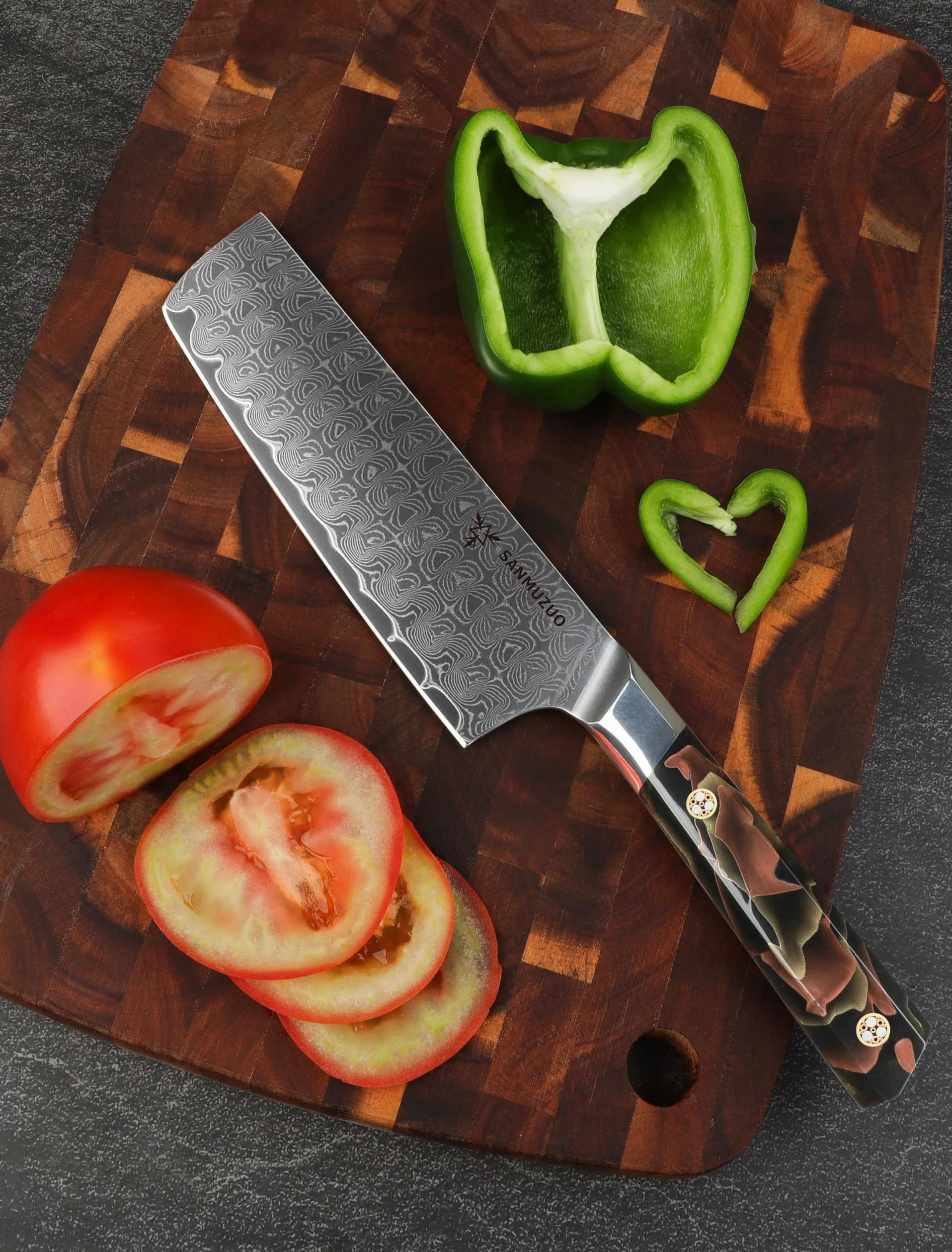 Coltello da cucina Nakiri da 18 CM, coltello da cucina professionale, acciaio in polvere di Damasco ultra affilato con impugnatura in resina a codolo intero, serie Bi