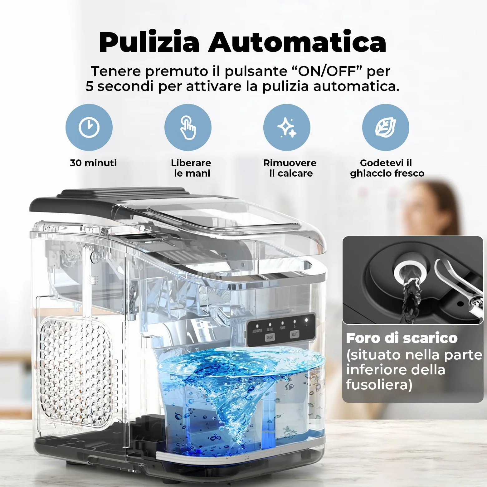 Macchina Ghiaccio 12kg/24h, Autopulente Macchina per il Ghiaccio Casa 1,5L, Silenzioso, 9 Cubetti in 6 Minuti, Ice Maker con Maniglia/Paletta/Cestello, Nero