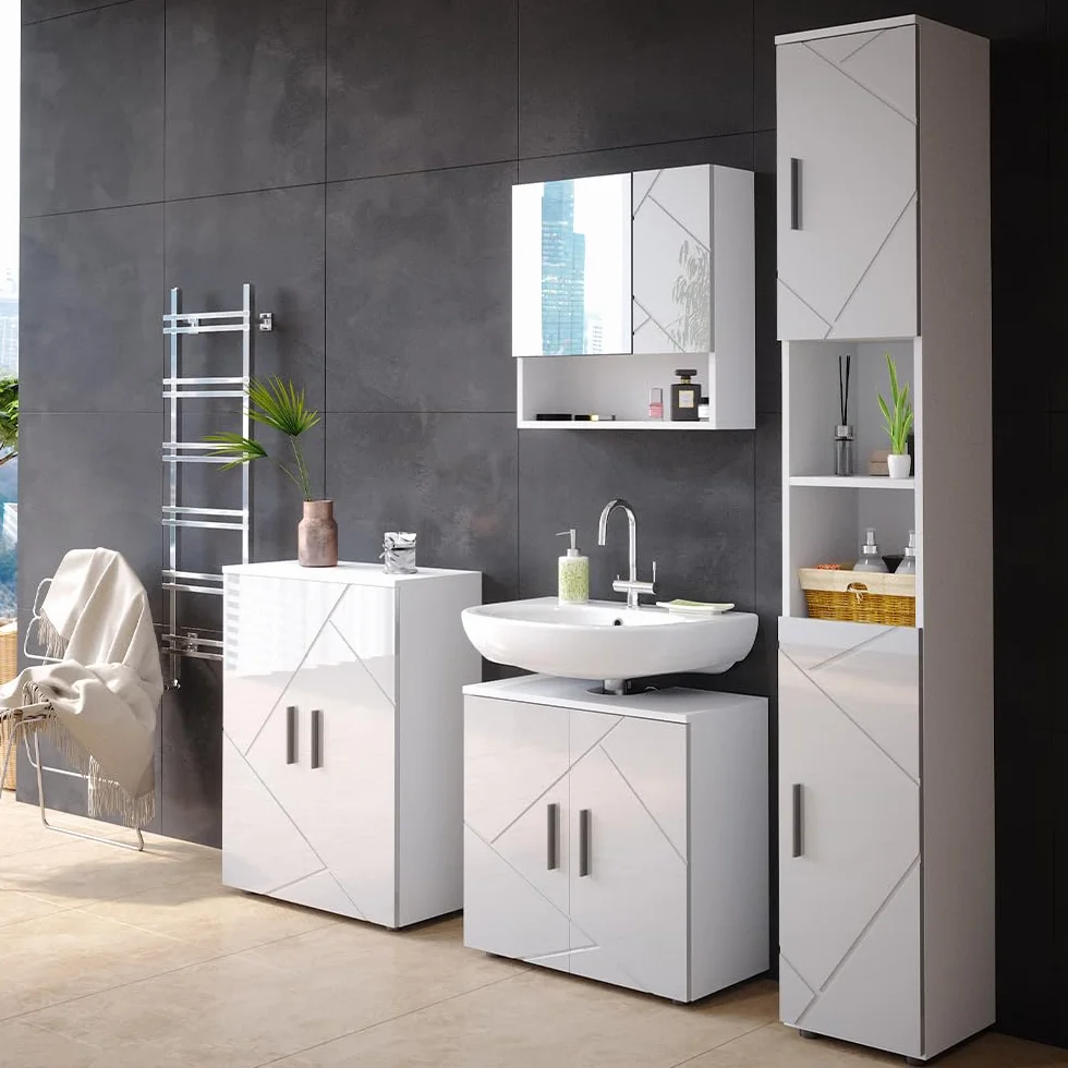 Vicco Mobile bagno alto Irma, Bianco lucido, 30 x 192 cm, per la conservazione di accessori da bagno e compatibile con la serie Irma