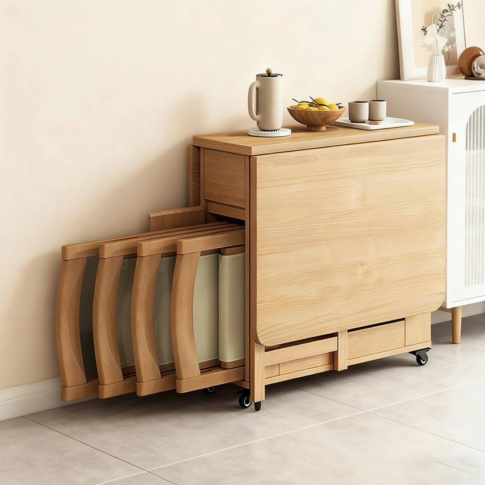 Tavolo pieghevole in legno massello, Set tavolo da pranzo con 4 sedie, Cassetto portaoggetti, bancone della cucina per la sala da pranzo di casa, il soggiorno, salvaspazio