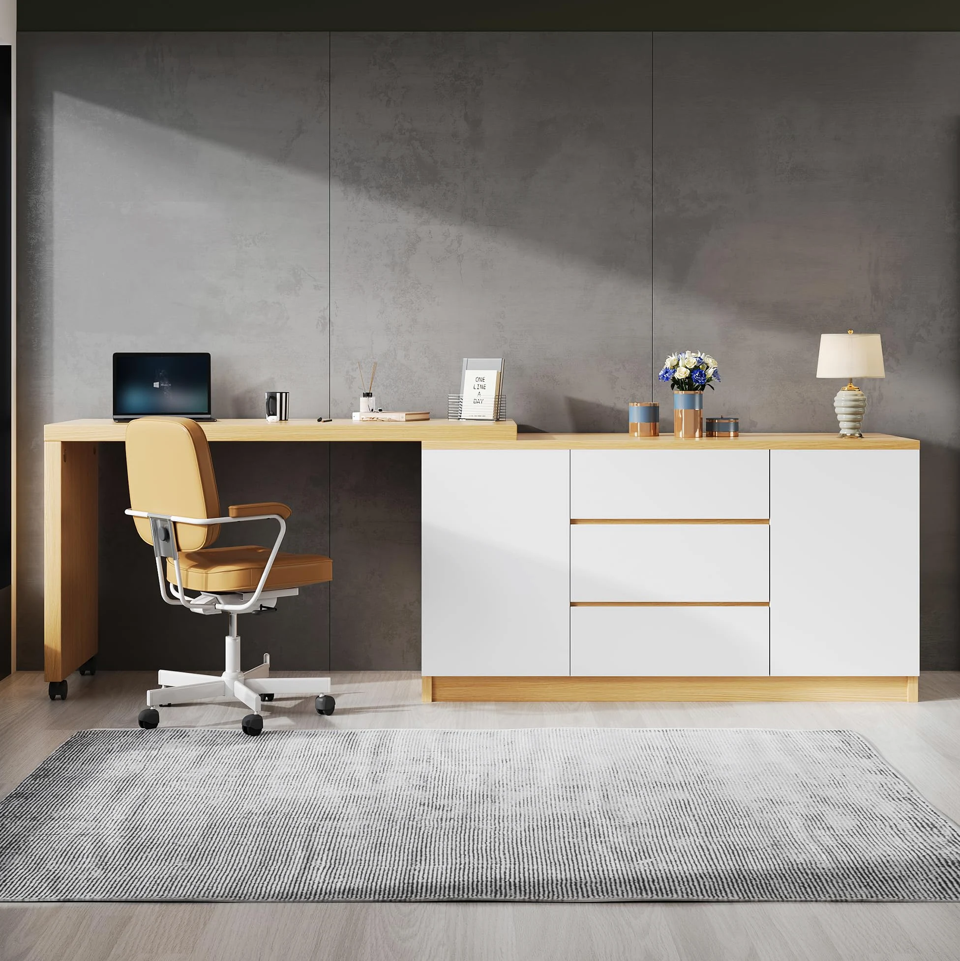 Scrivania con ruote bloccabili, design multifunzionale, 4 cm di spessore, piano girevole bloccabile, scrivania pieghevole, scrivania angolare, credenza (legno + bianco)