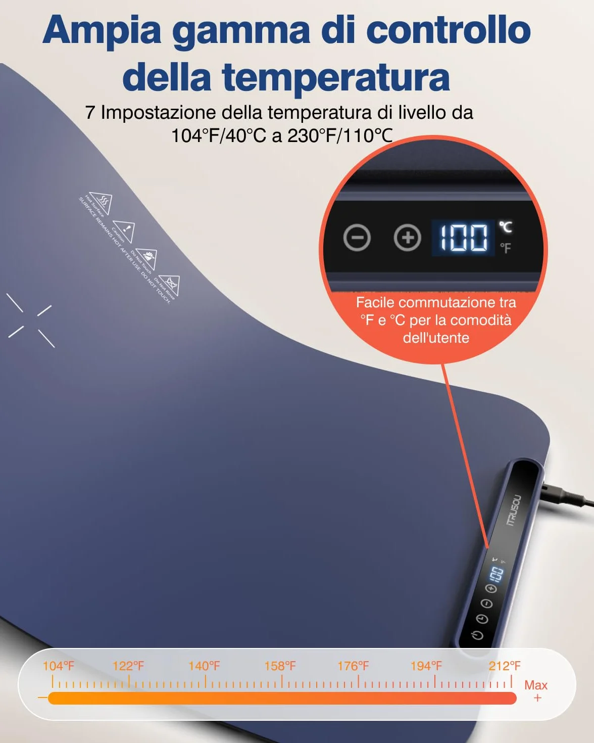 Piastra riscaldante elettrica in silicone per alimenti, 7 livelli temperatura, spegnimento automatico 1-8 ore