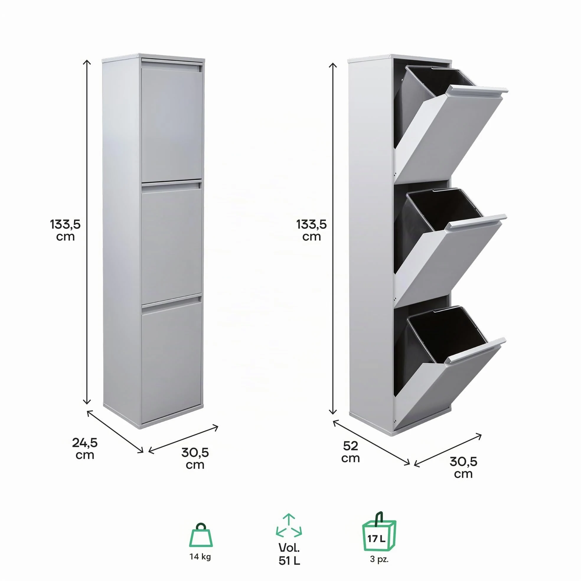 Arregui Basic CR302-B Pattumiera Differenziata 3 Scomparti | 3x 17L (51L) | Contenitore in Acciaio da Interno | Mobile per Raccolta Differenziata | Cestino per Spazzatura da Cucina e Ufficio | Grigio