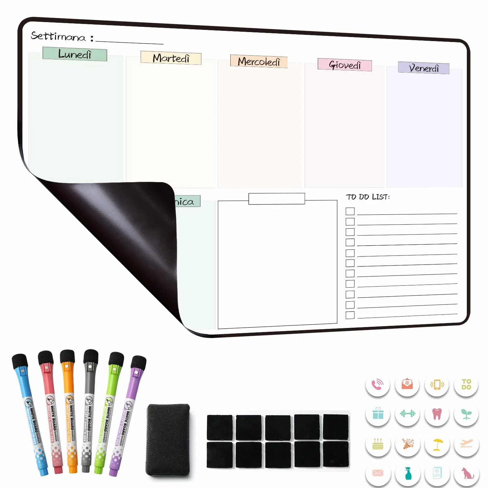 MCCORL Lavagna Settimanale Magnetica Frigo, Calendario Famiglia magnetico, To Do List,Planning Settimanale Cancellabile per Cucina 42×28cm -in italiano