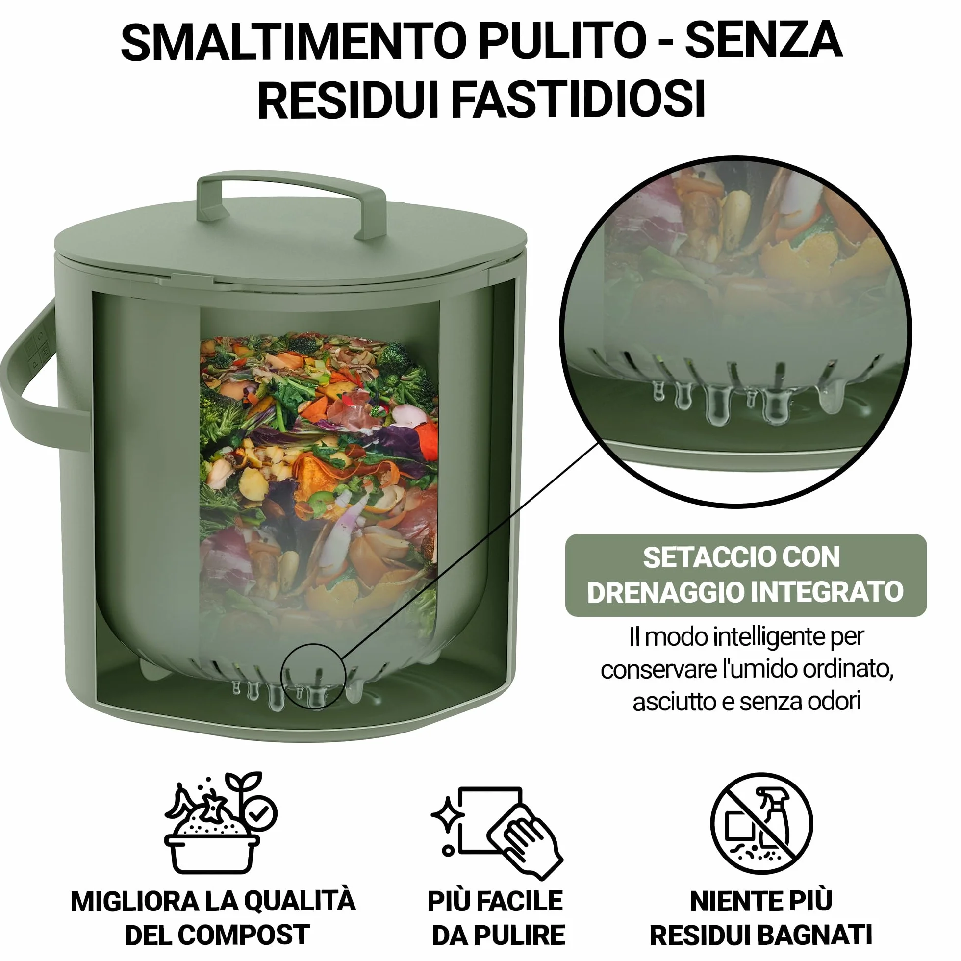 PTMS® Bidone Umido 6L – Cestino Umido coperchio da appendere e setaccio interno – Pattumiera Umido Cucina lavabile in lavastoviglie, compatta e funzionale – Disponibile in 5 colori