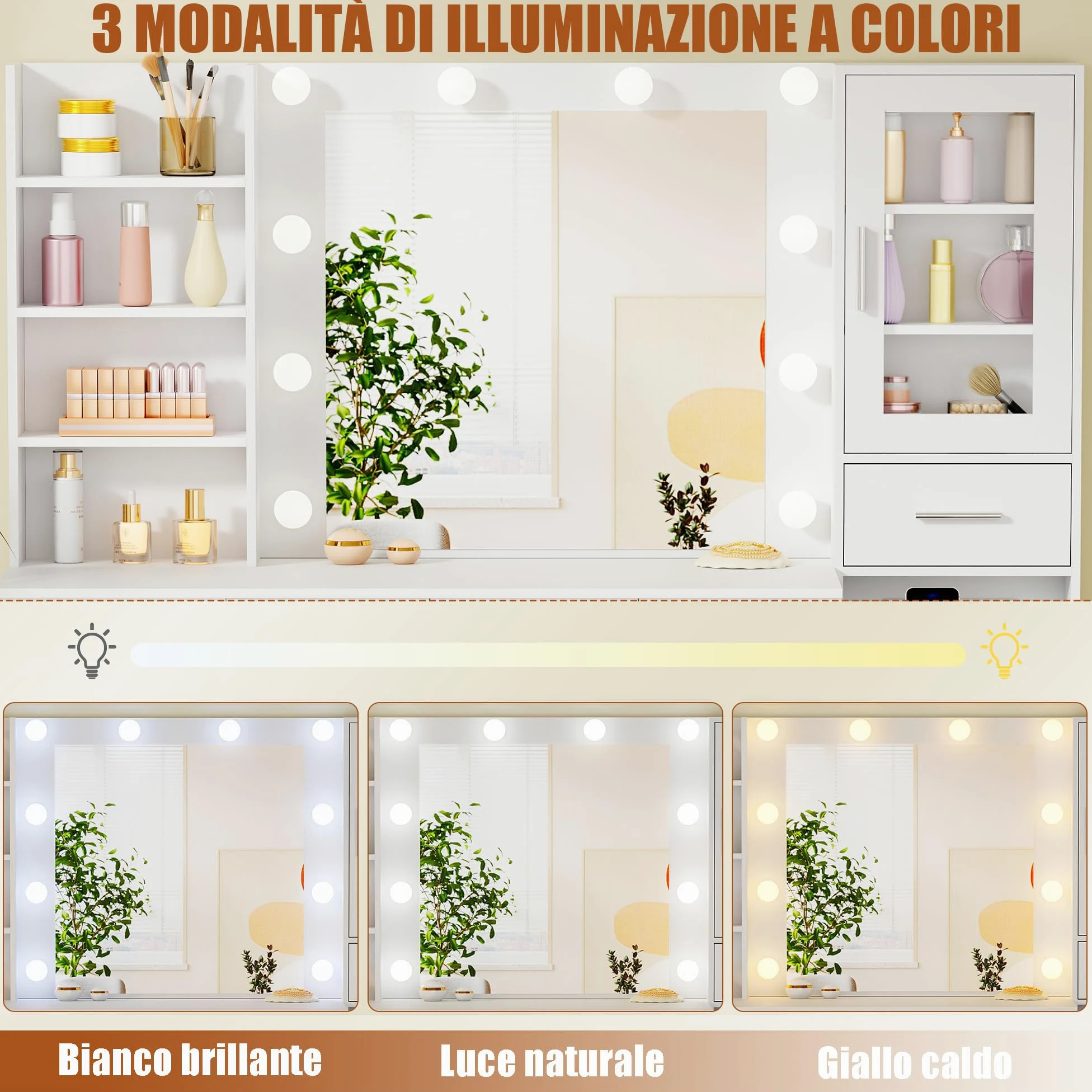 ANWBROAD Grande Toeletta con Specchio e Luci, Luminosità Regolabile, Bianco | Toeletta Trucco con Prese, Tavolo da Trucco con 15 Cassetti e 7 Ripiani Aperti per Camera da Letto Postazione Trucco BDT37W
