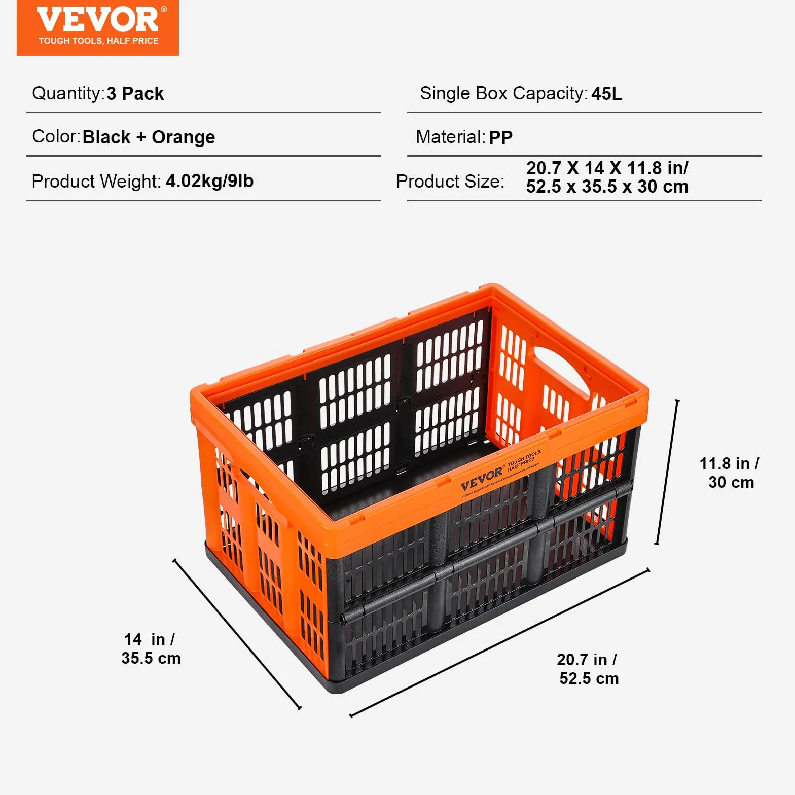 VEVOR Contenitore Pieghevole Portaoggetti in Plastica Scatola di Stoccaggio 3 Pz 45L Nero Arancione