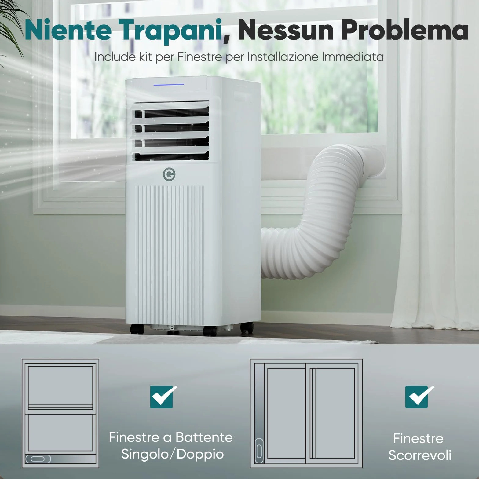 Condizionatore Portatile 9000 BTU con Deumidificatore 4 in 1, Ventilatore di Raffreddamento a 2 Velocità, Display Digitale e Telecomando, Kit Finestra, Timer 24 Ore Per Stanze Fino a 25 m²/78m³