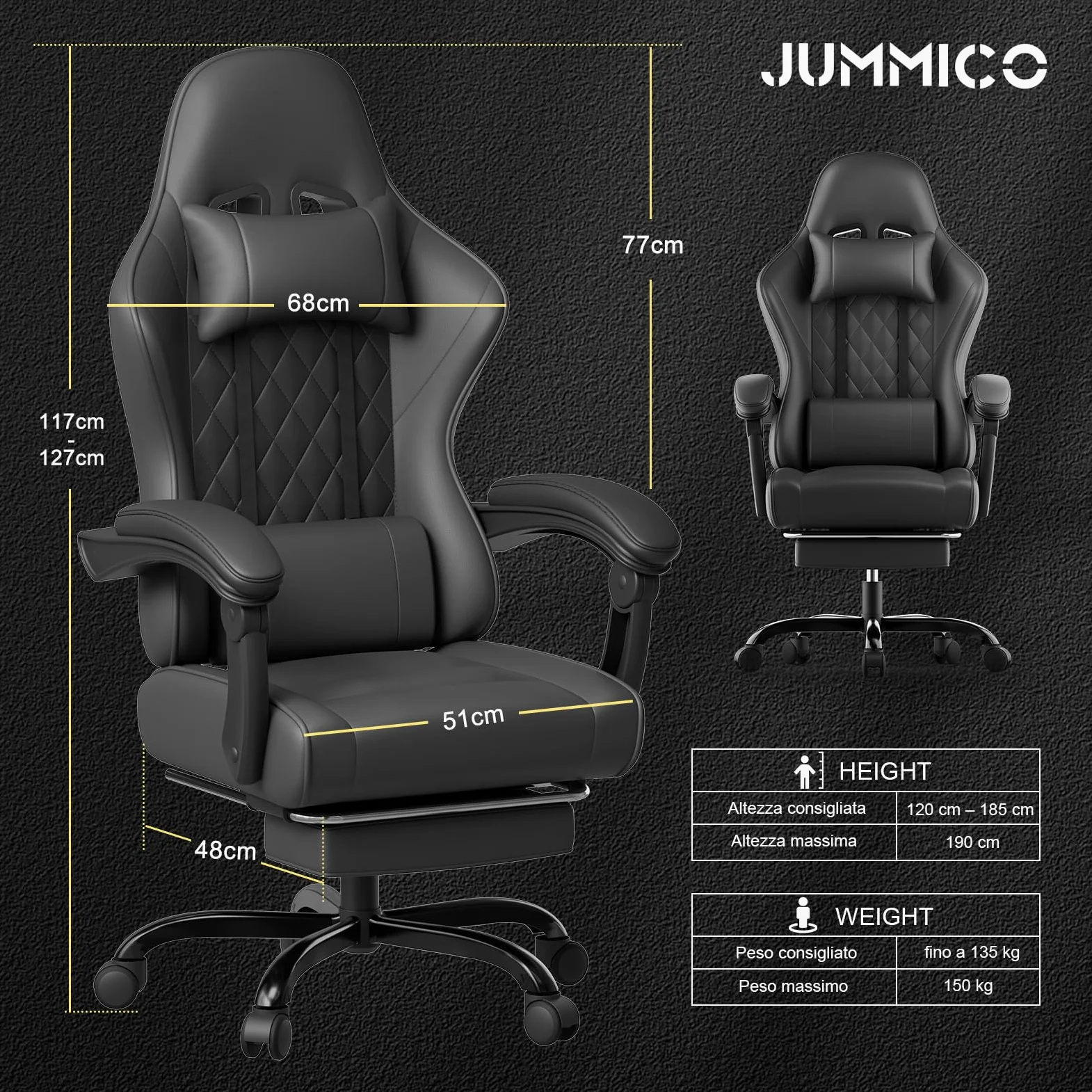 JUMMICO Sedia da Gaming Massaggiante con Poggiapiedi Telescopico, Sedia Gamer con Cuscino Lombare & Poggiatesta, Ergonomica Sedia da Ufficio Schienale Regolabile, Portata 150 kg (Nero)