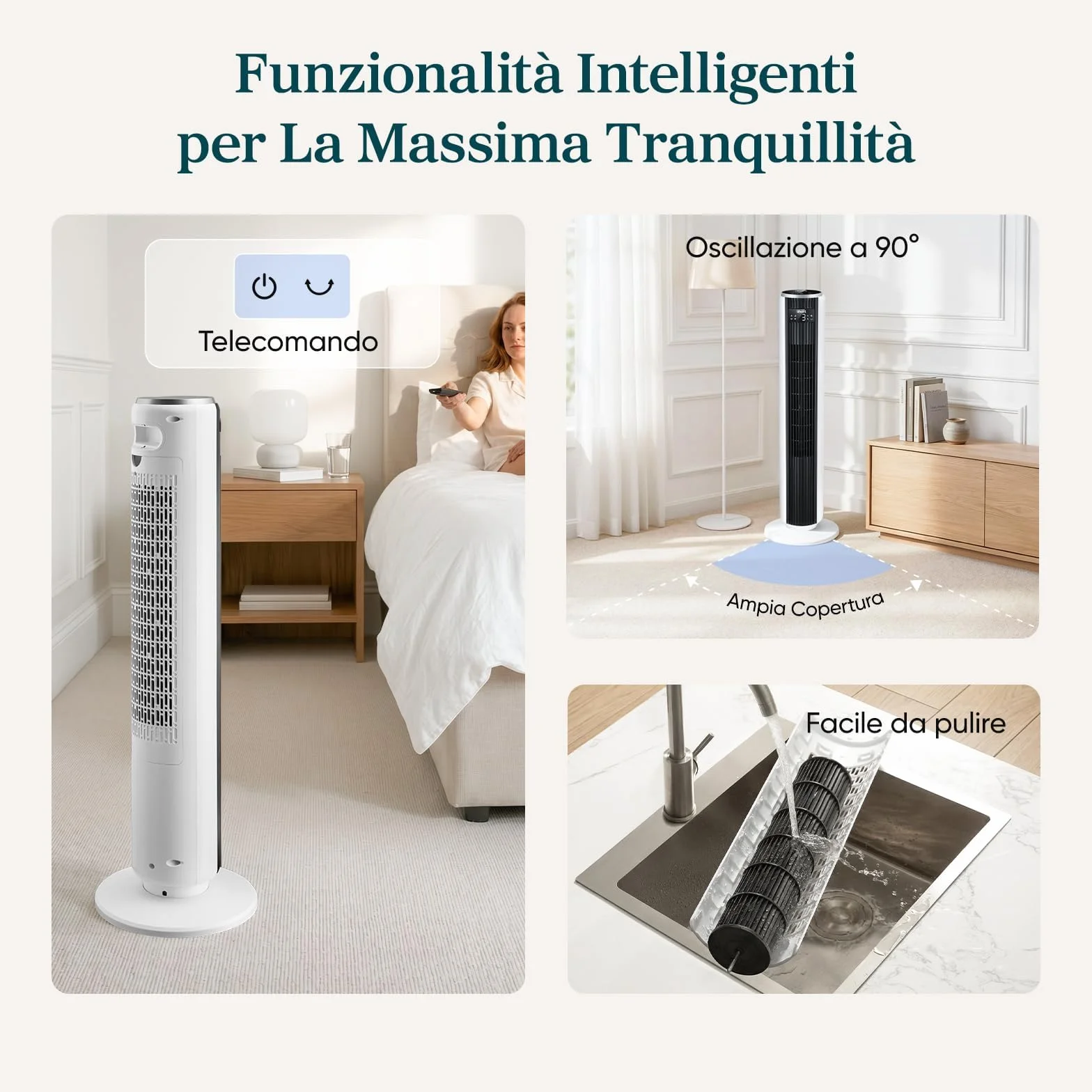 LEVOIT Ventilatore a Torre 20 dB Silenzioso, Potente 7,9m/s, 12 Velocità, 4 Modalità, Telecomando & LED, Timer da 1-12 ore, Oscillazione a 90°, Risparmio 26W, per Camera Letto, 92 cm, Bianco Puro