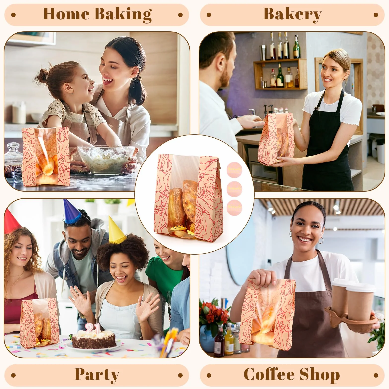 Confezione da 100 sacchetti per pane fatto in casa, in carta kraft, con 500 adesivi per amore, grandi sacchetti di carta da forno con finestra trasparente, per biscotti, 35,6 x 21,1 x 8,1 cm