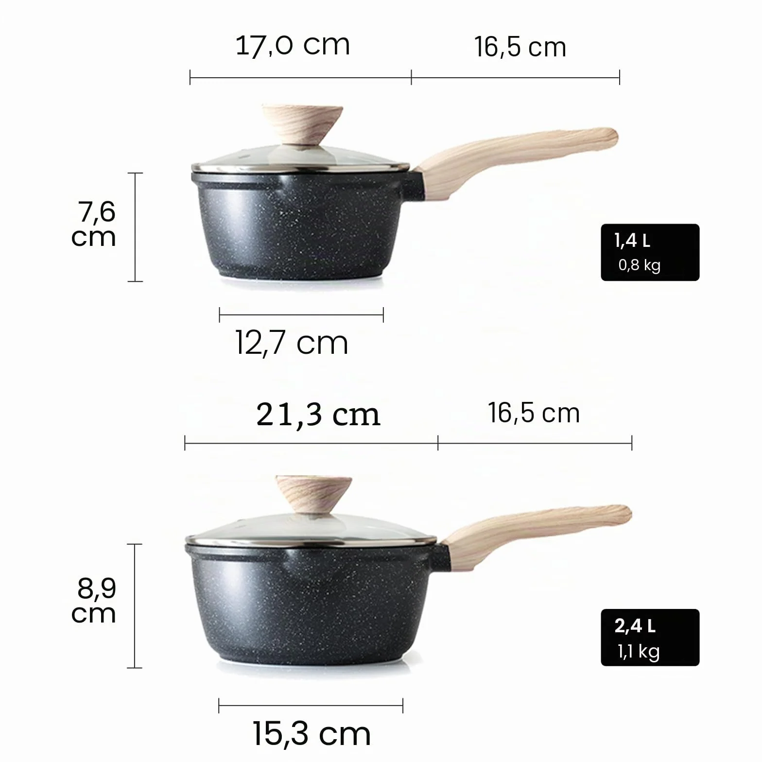 Set di pentole Kordisen con coperchi, da 16 cm e 20 cm, rivestimento in granito, doppio beccuccio per versare, facili da pulire, adatte ai piani cottura a induzione - Ideali per cucine piccole (Nero)