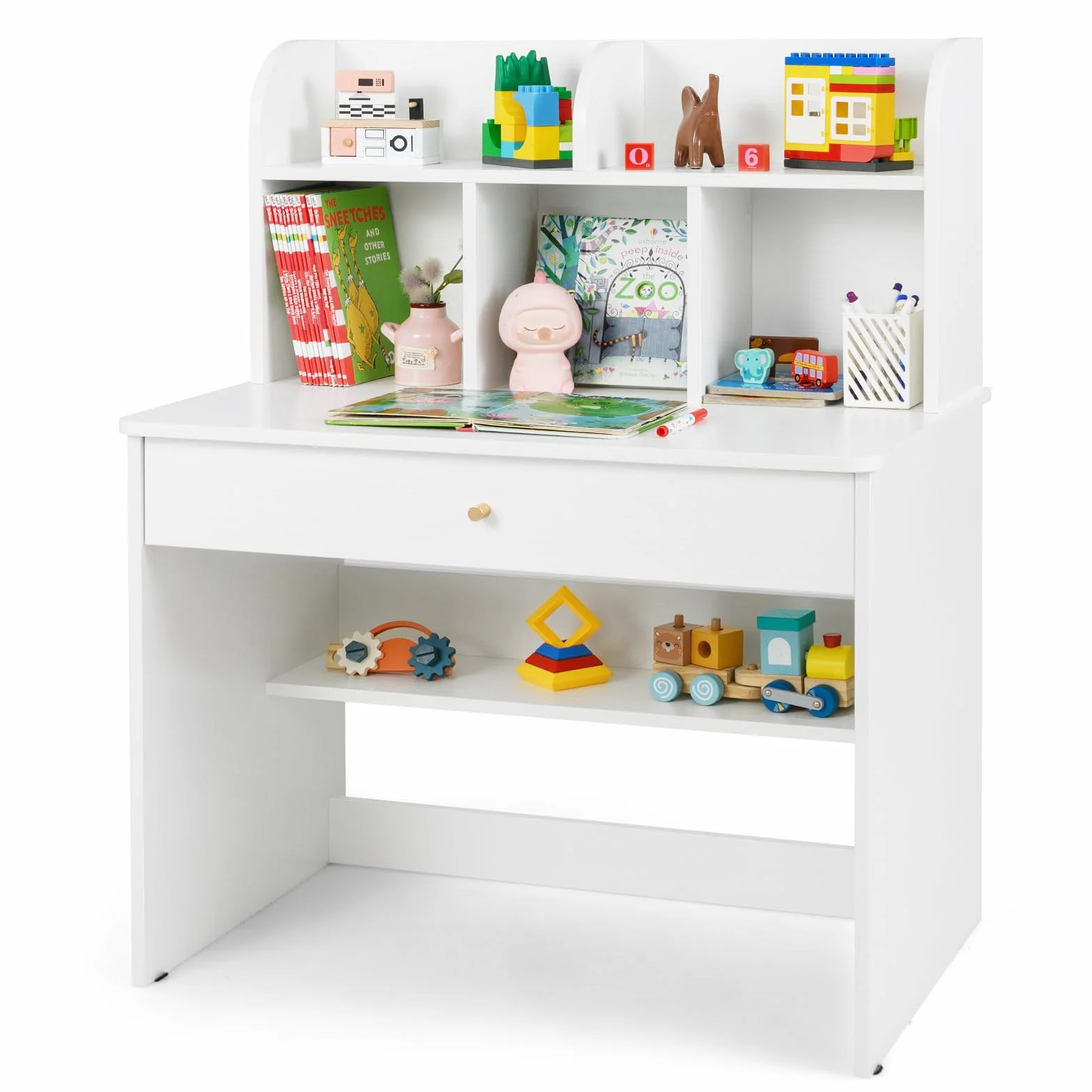 RELAX4LIFE Scrivania per Bambini con Spazio di Stoccaggio, Tavolo da Scrittura in Legno con Cassetto e Ripiano Aperto, Postazione di Lavoro per Studenti a Domicilio per Bambini 3+ (Bianco)