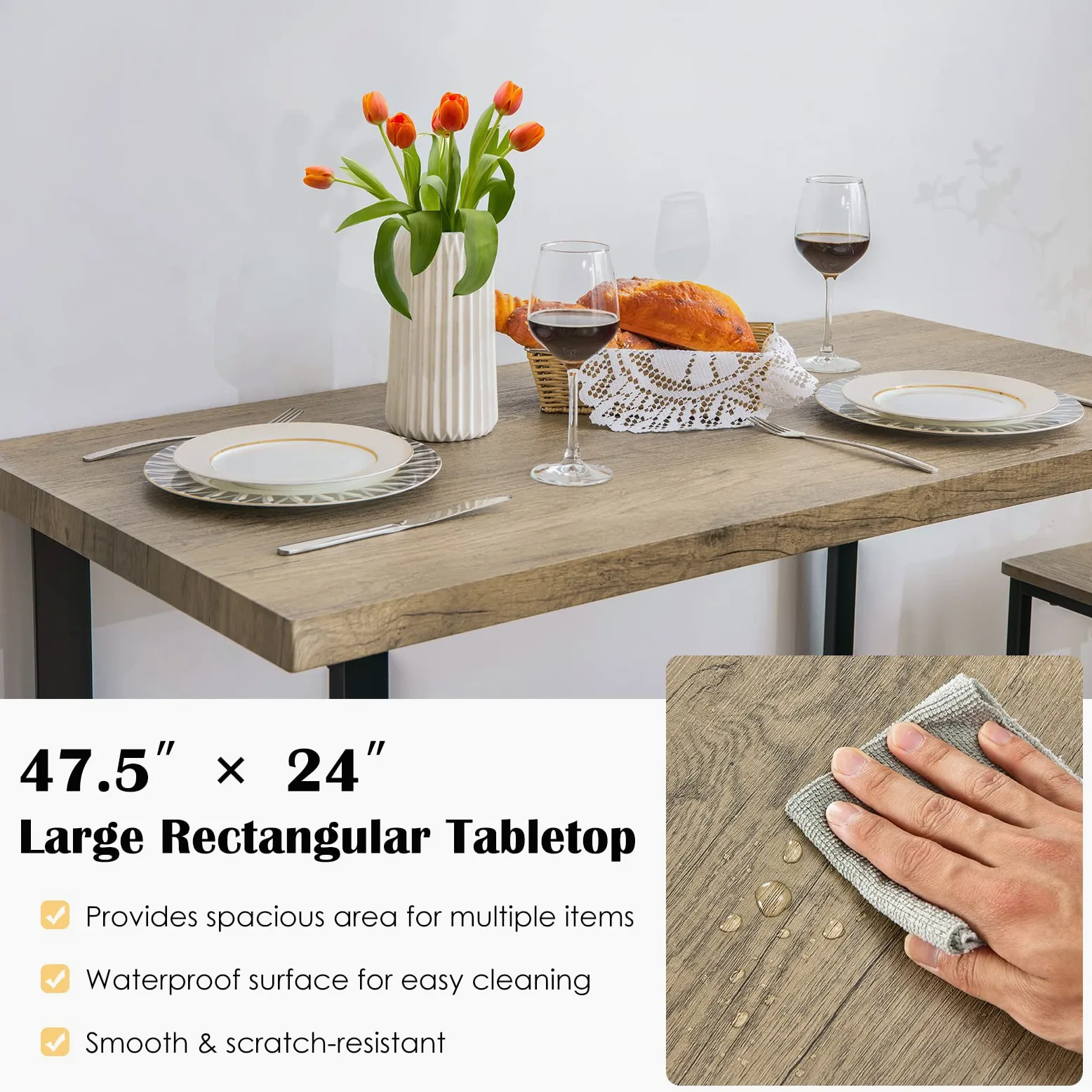 RELAX4LIFE Tavolo da Pranzo 4 Pezzi, Set Tavolo Cucina con Panca 2 Sgabelli, Tavolo da Bar con Struttura in Metallo, Gruppo Sedute per 4 Persone, Design Industriale, Rovere Grigio