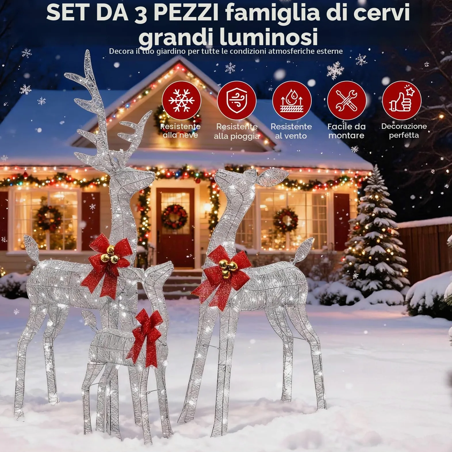 Decorazioni Natalizie da Esterno per Giardino: Famiglia di 3 Renne Luminose da Esterno, Telaio in Metallo Resistente e Impermeabile, Figure Natalizie LED XXL per Esterno Interno Giardino Balcone
