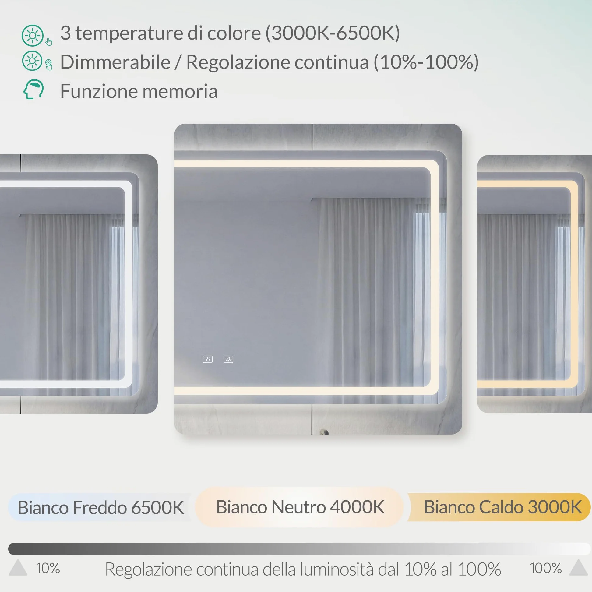Specchio bagno LED Antiappannamento Dimmerabile 10%-100% 3 Temperature Colore 3000K-6500K Touch con Memoria HD Specchio Bagno con Luce LED IP44 IP65 Impermeabile 120x70cm
