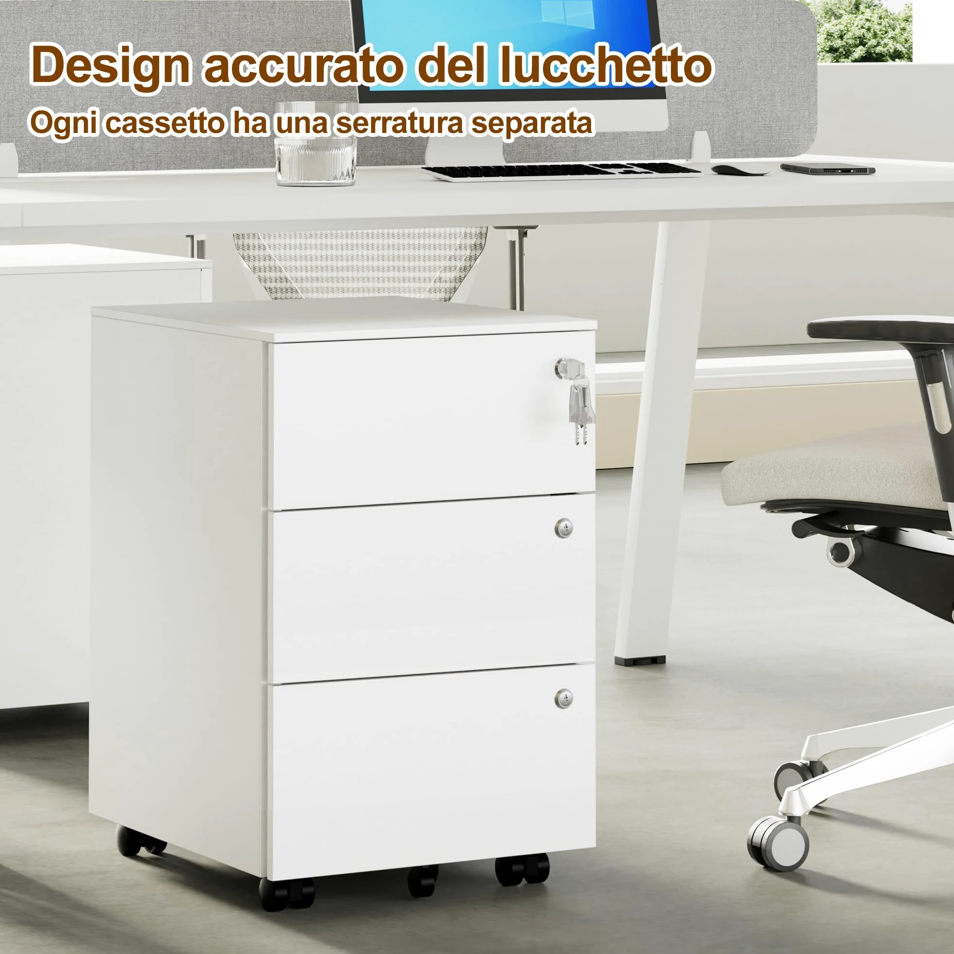 Cassettiera Scrivania Mobile, Cassettiera con 3 serrature, 4 Chiavi, 3 Cassetti, in Acciaio, Preassemblato, Bianco
