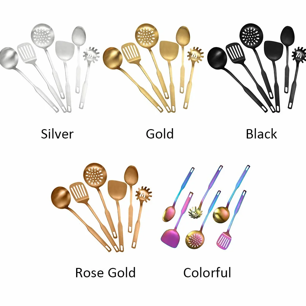 Set di Utensili da Cucina, Set di Utensili da Cucina da 6 Pezzi, Con Foro per Appendere Spatola Resistente al Calore in Acciaio Inossidabile/ Pala Fessura/ Servitore per Noodle