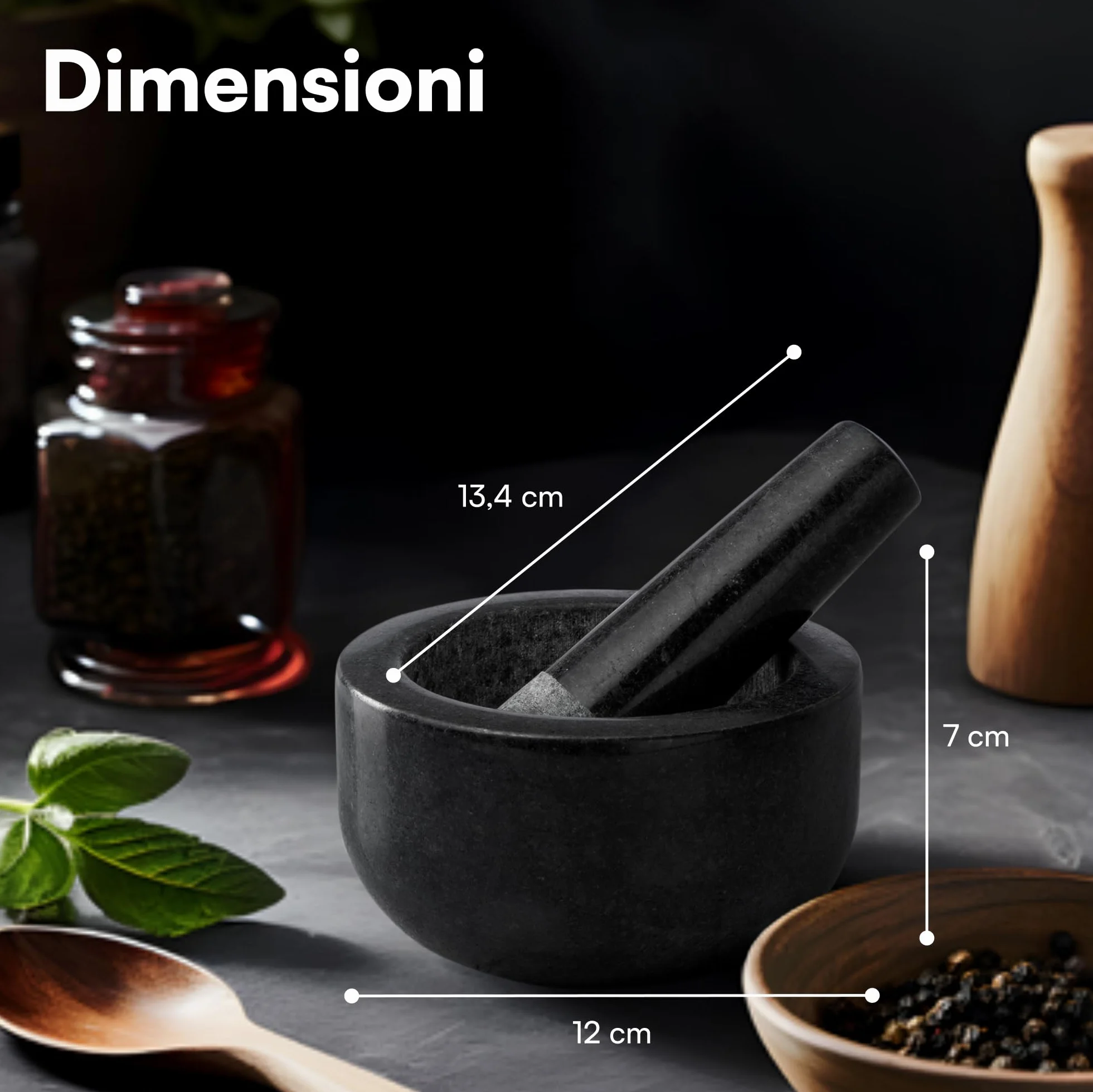 H&S Mortaio con Pestello in Granito - Ø 12 x 7 cm - Mortaio per Pesto - Utensili Cucina per Tritare Noci e Erbe Aromatiche - Stabile con Piedini Antiscivolo e Antigraffio - Nero
