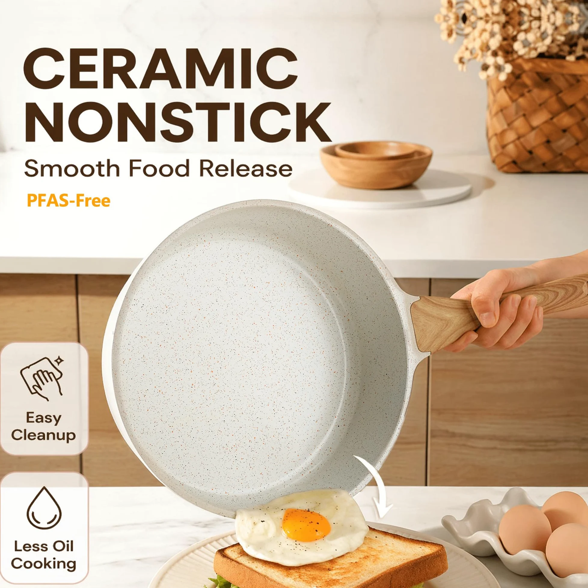 SENSARTE Set di pentole in ceramica antiaderente, set da 13 pezzi di pentole e padelle atossiche, set da cucina salutare con manici che rimangono freschi, strumenti in silicone e protezioni per