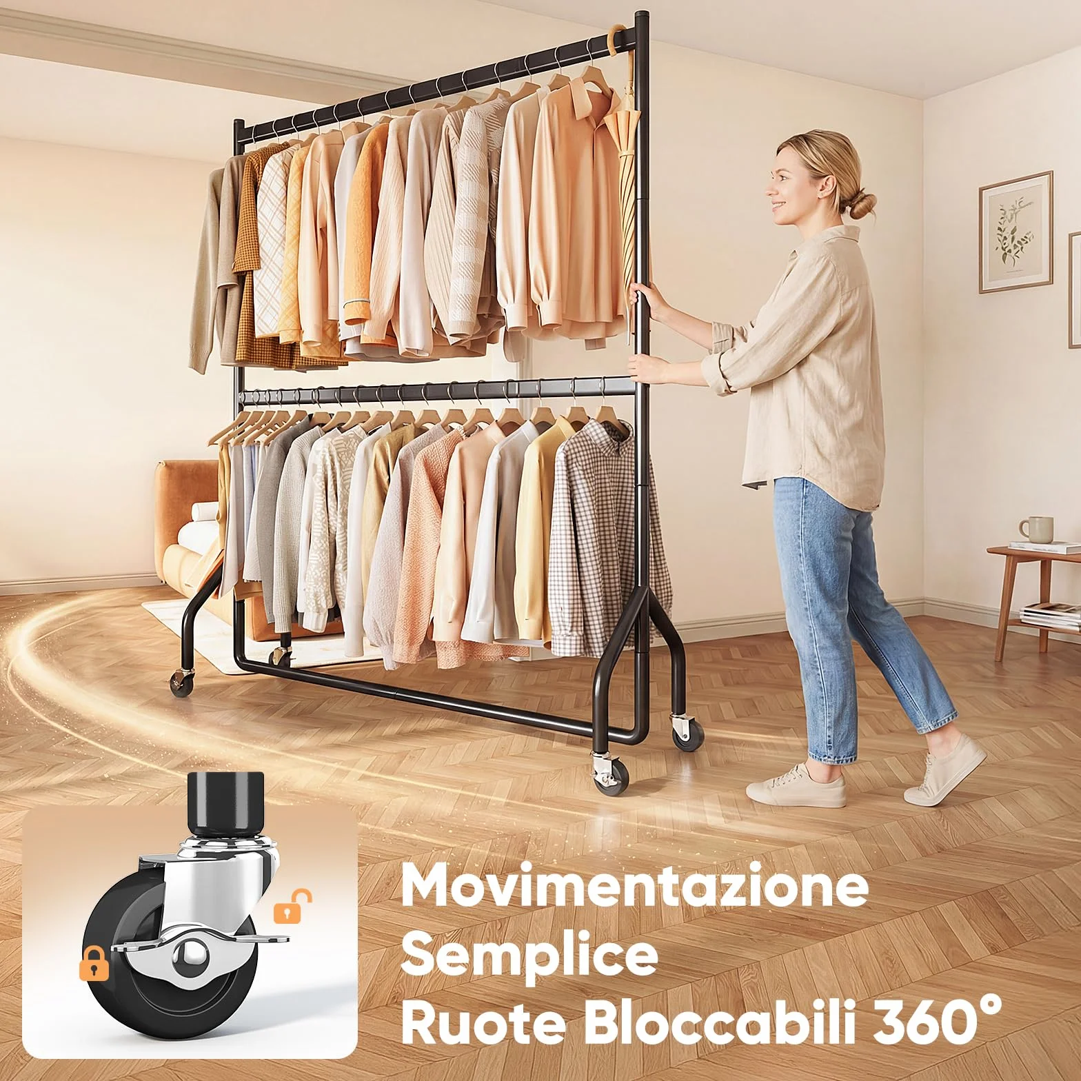 HOKEEPER Portavestiti Doppio Resistente a Carichi Pesanti con Grande Capacità, Organizzer di Armadio con Ruote per Boutiques, Camera da Letto, Lavanderia - 180cm