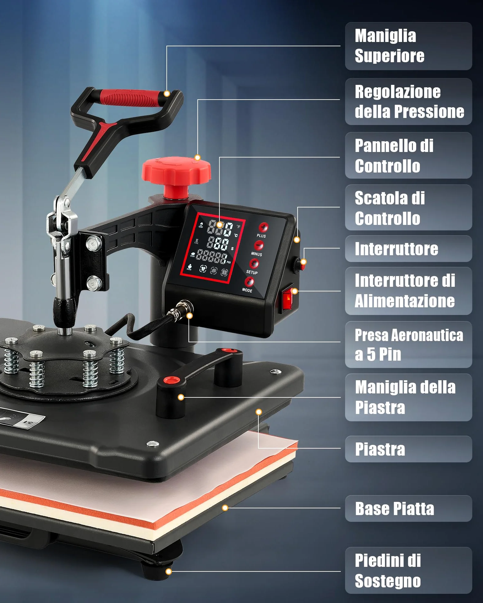 CREWORKS 5 IN1 Pressa a Caldo 30 X 38CM 1250W Pressa a Calore Macchina Sublimazione Digitale Rotazione a 360 Gradi Trasferimento Multifunzione con Termopressa per Magliette Cappellini T-Shirt Tazze