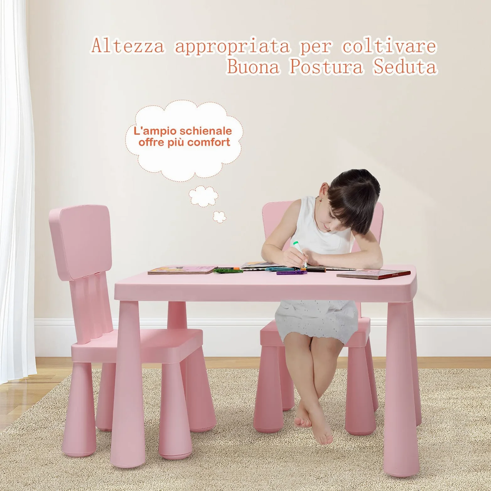 GYMAX Set Tavolino per Bambini con 2 Sedie di Plastica, Tavolino e Sedia per bambini, per Mangiare, Leggere, Dipingere, Adatto a 1-7 Anni (Rosa)