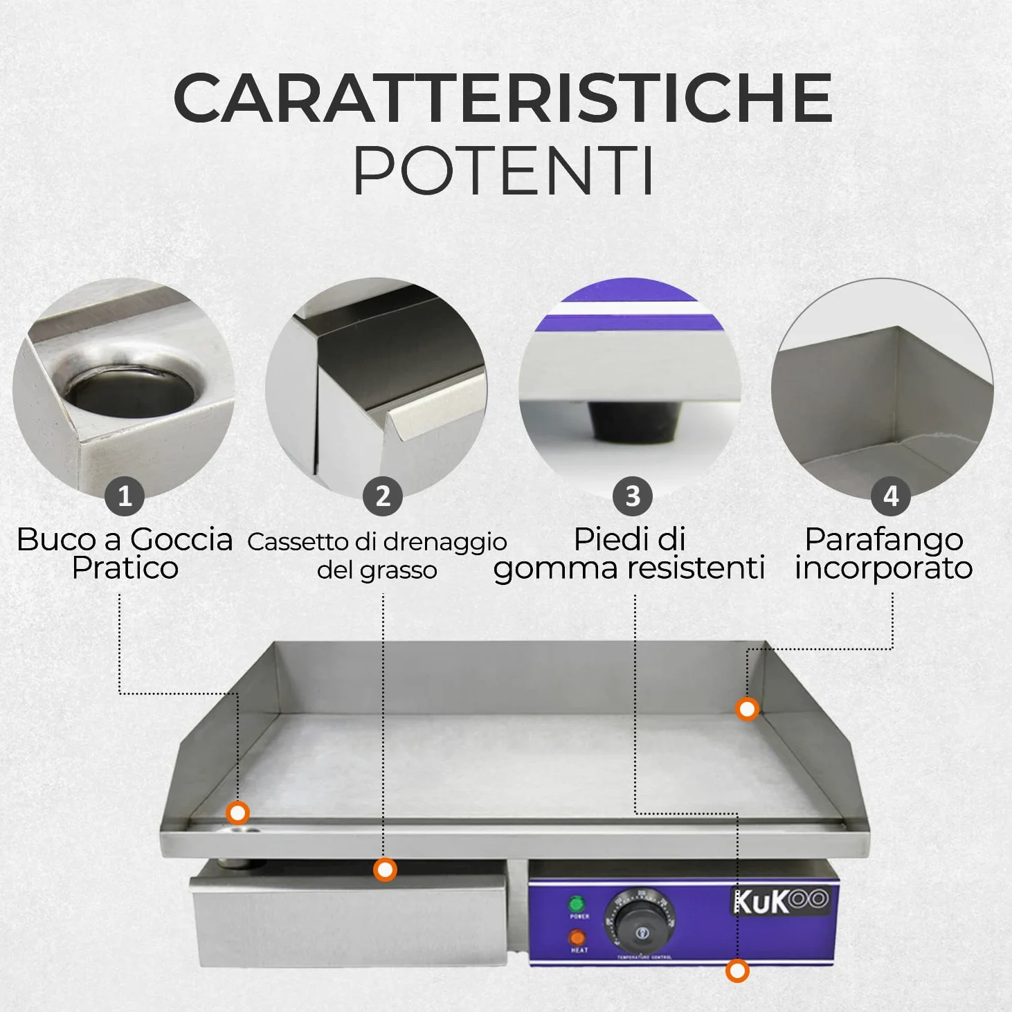 Kukoo - Piastra Elettrica da Cucina in Acciaio Inossidabile Griglia Professionale Liscia Bistecchiera da Bar Ristorante - 50cm