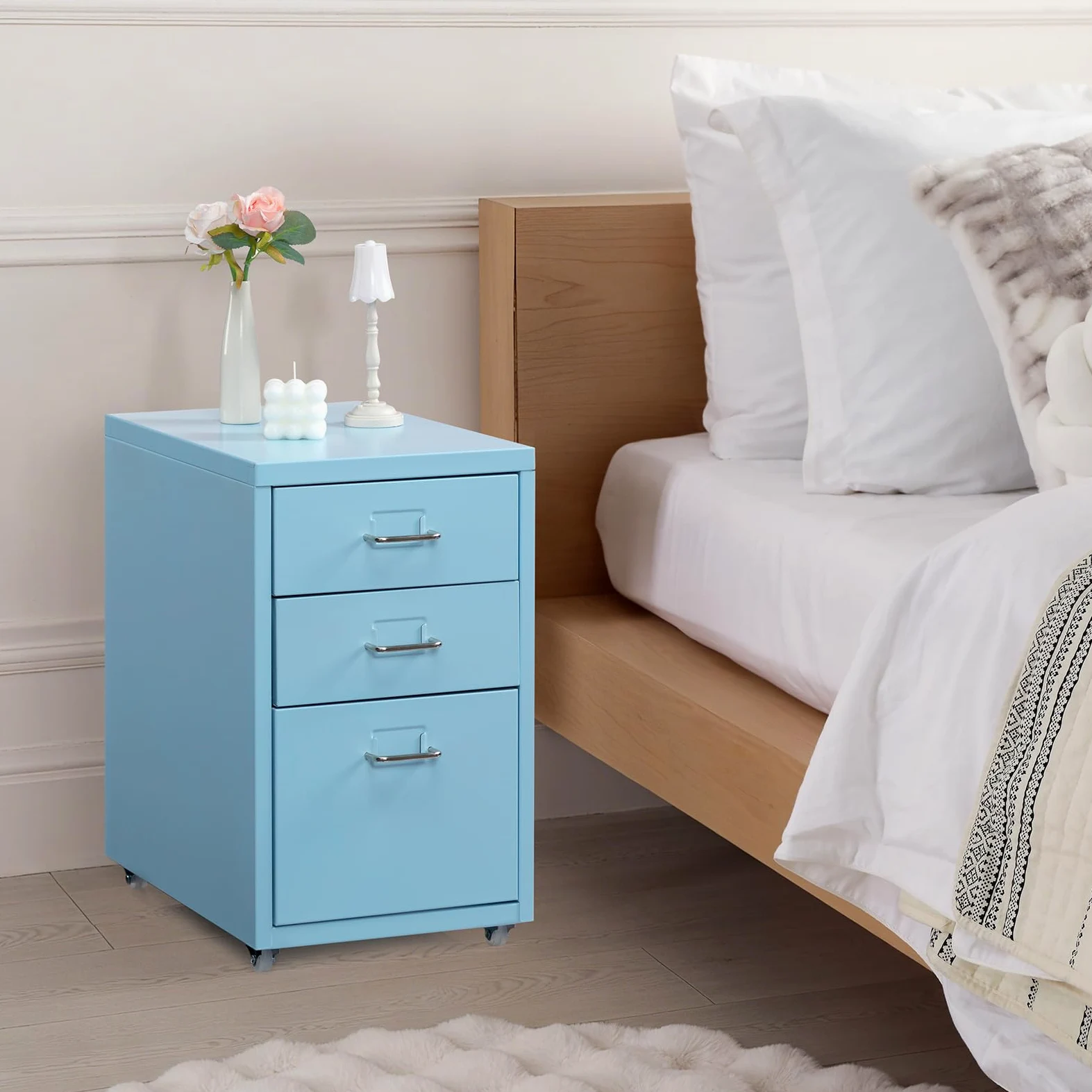 HollyHOME Schedario Mobile a 3 Cassetti, Organizzatore Portadocumenti Sotto Scrivania su Rotelle, Armadietto Portadocumenti in Metallo con Rotelle per Casa e Ufficio, Azzurro