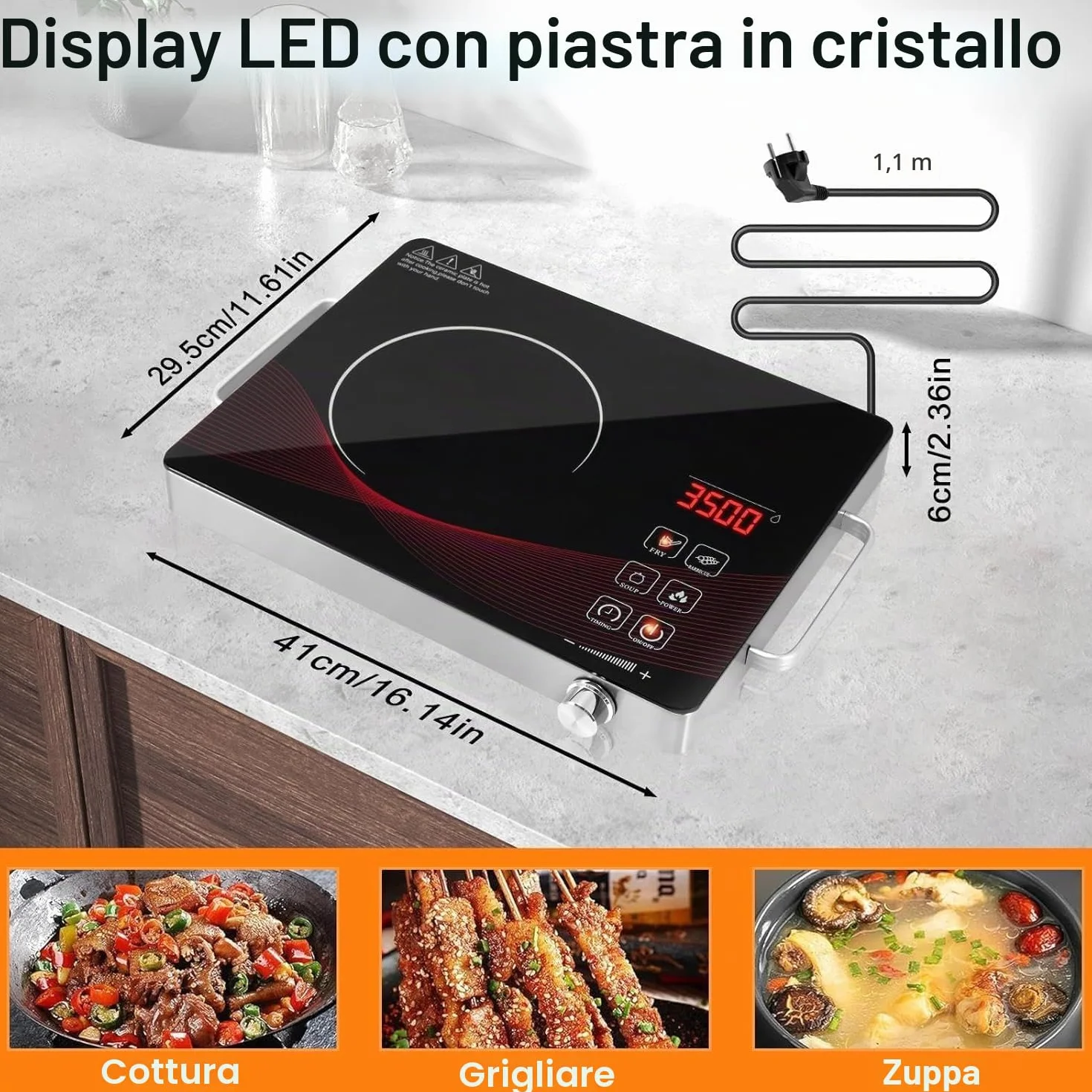 Piano Cottura in Vetroceramica 3500W Portatile 1 Piastra 41cm 29cm | Controllo Touch 4 Modalità 9 Livelli Potenza 1 Minuto a 3 Ore Funzione Timer