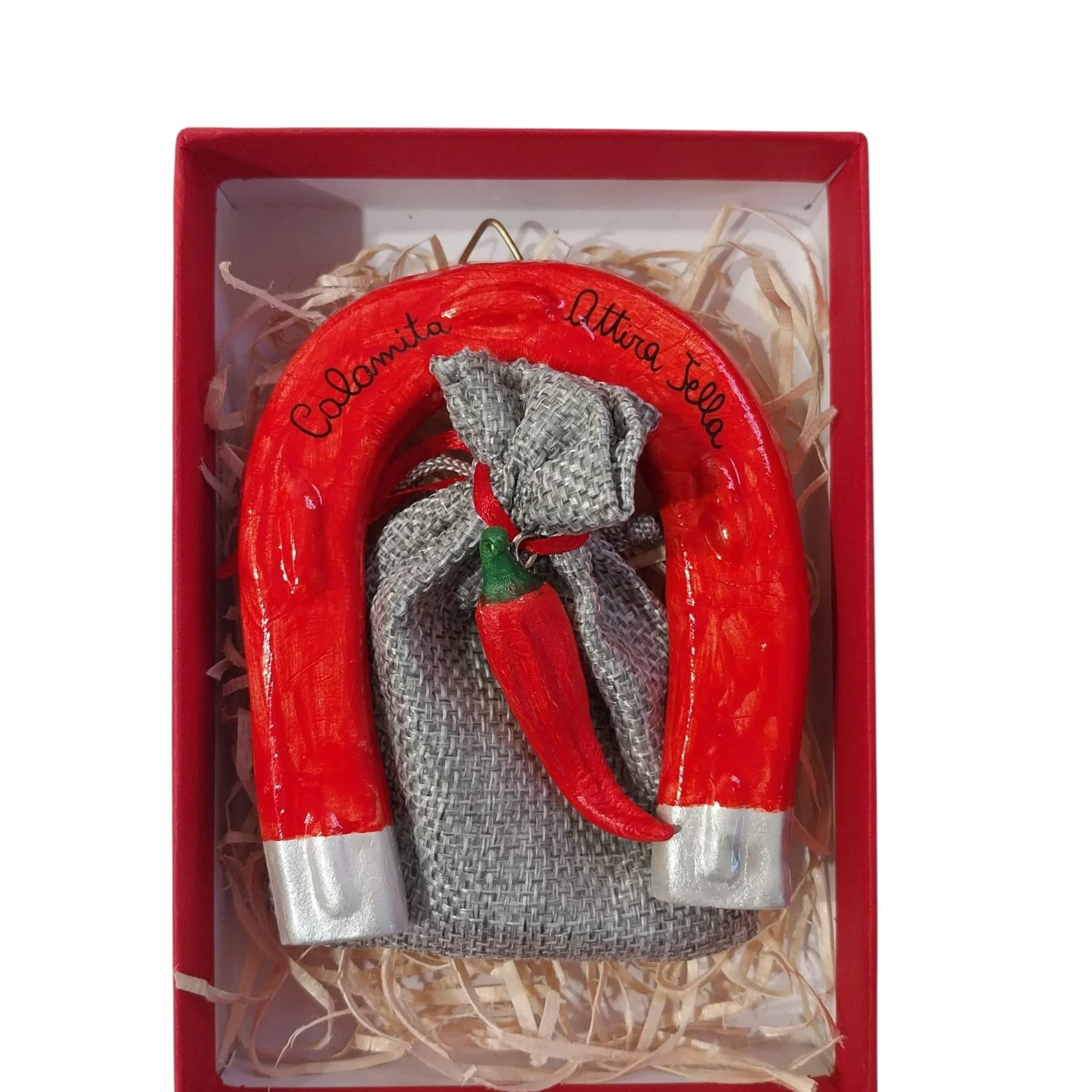 Generico Cornetto Portafortuna Ceramica Ferro di Cavallo Scatolo Regalo Rosso Grigio