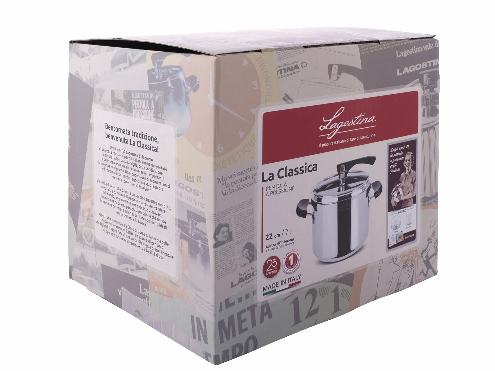 Lagostina La Classica Pentola a Pressione con Cestello ed Ecodose, Ø 22 cm, 7 lt, Acciaio e Nero