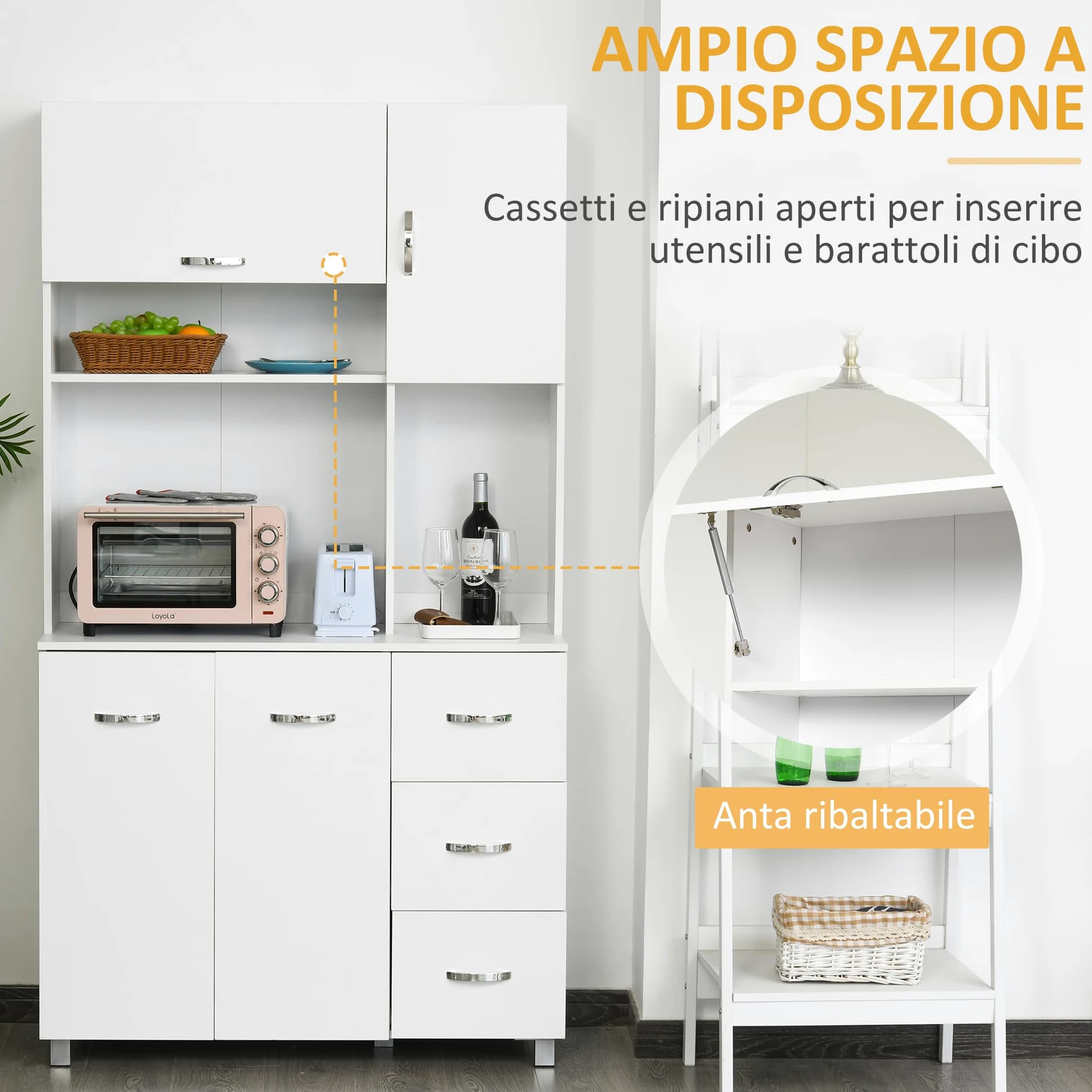 HOMCOM Credenza Alta Moderna con Cassetti e Armadietti, Mobile Cucina per Microonde con Ripiani Aperti, 100x39.5x183.5cm, Bianco