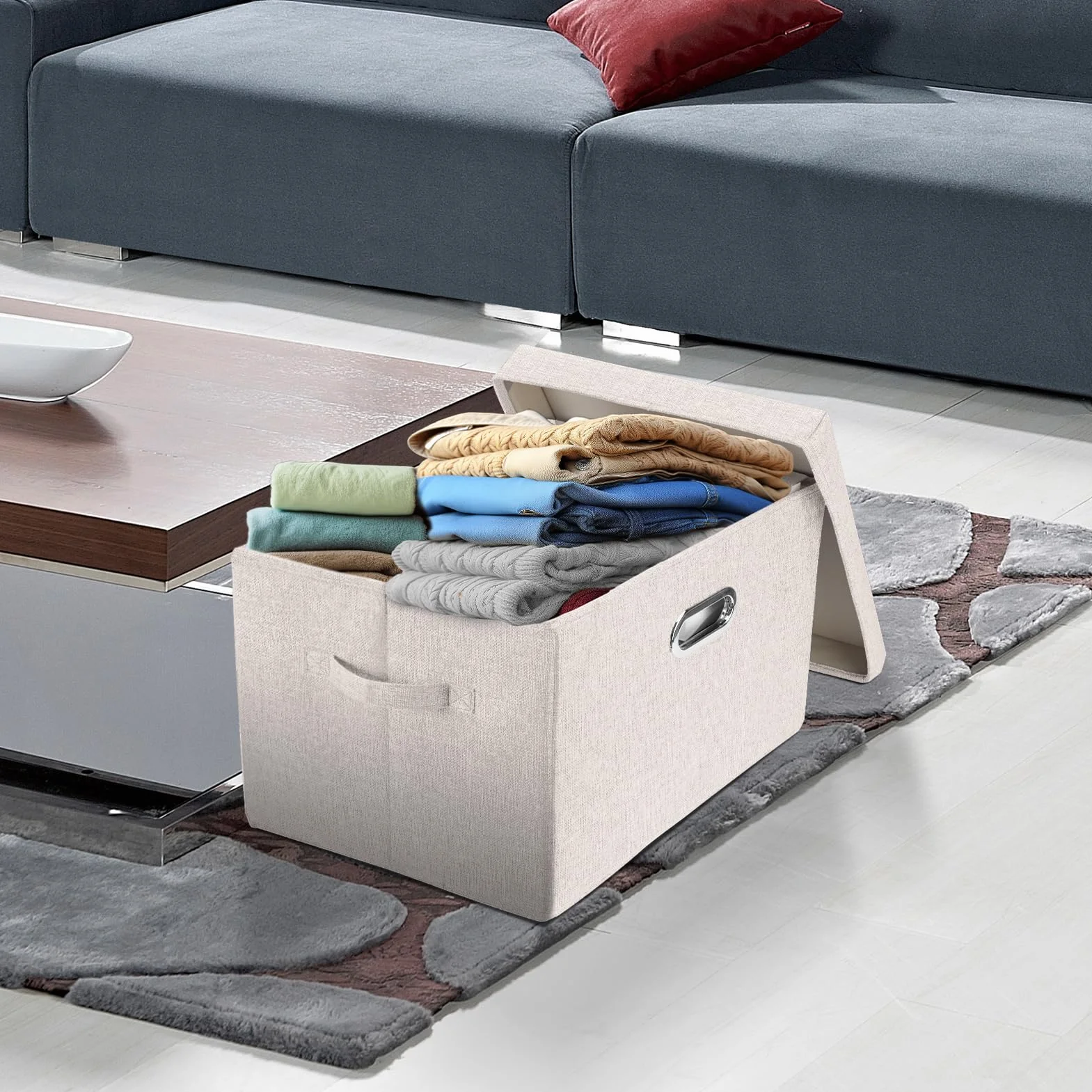 TYEERS Grandi Scatole Portaoggetti in Tessuto Pieghevole 44x30x29 cm Set di 3 Beige