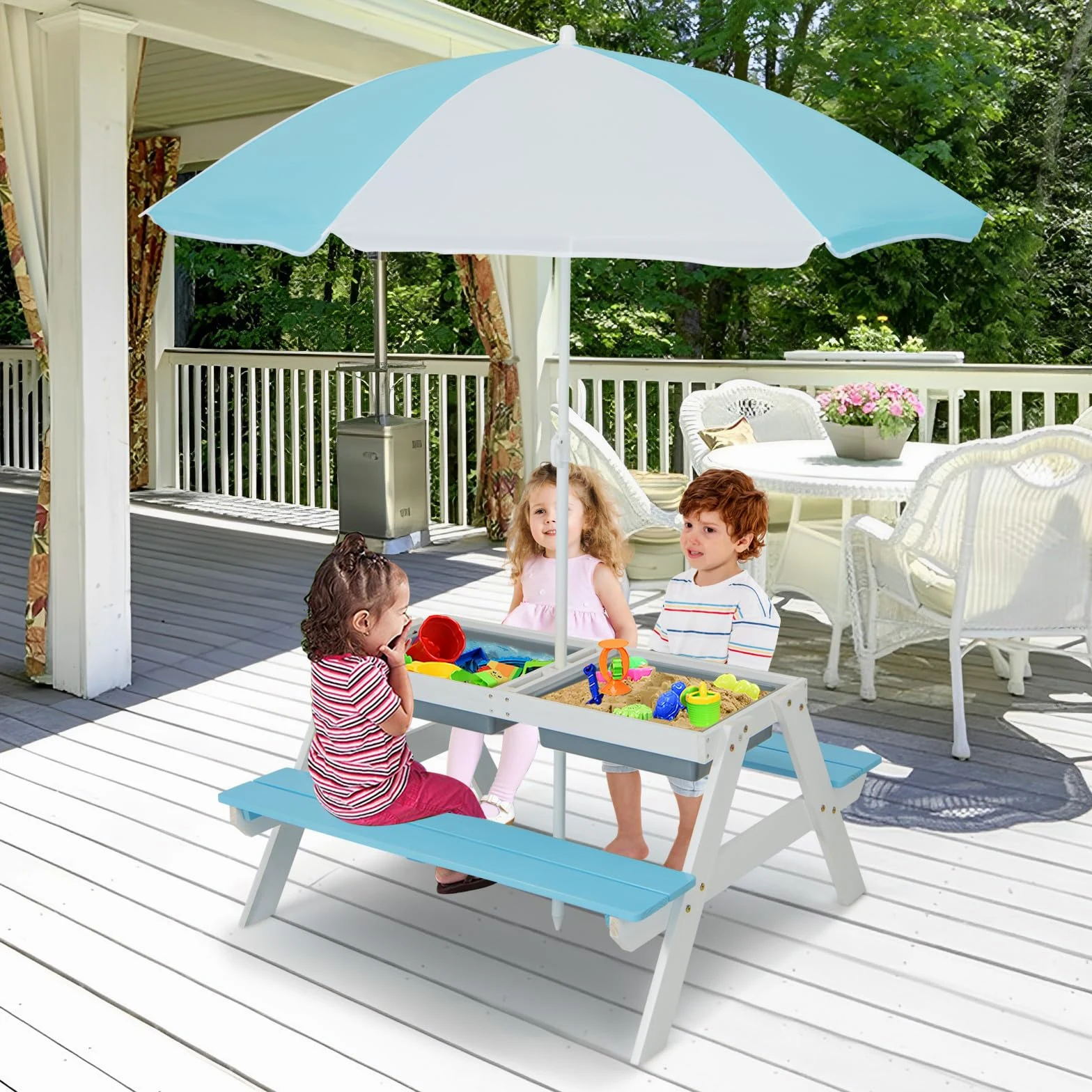 COSTWAY Set Tavolo e Sedie per Bambini da Giardino 3 in 1, con Ombrellone Rimovibile e Regolabile, Piano Rimovibile, Tavolo con Panche in Legno per Bambini da Interno Esterno (Blu e Bianco)