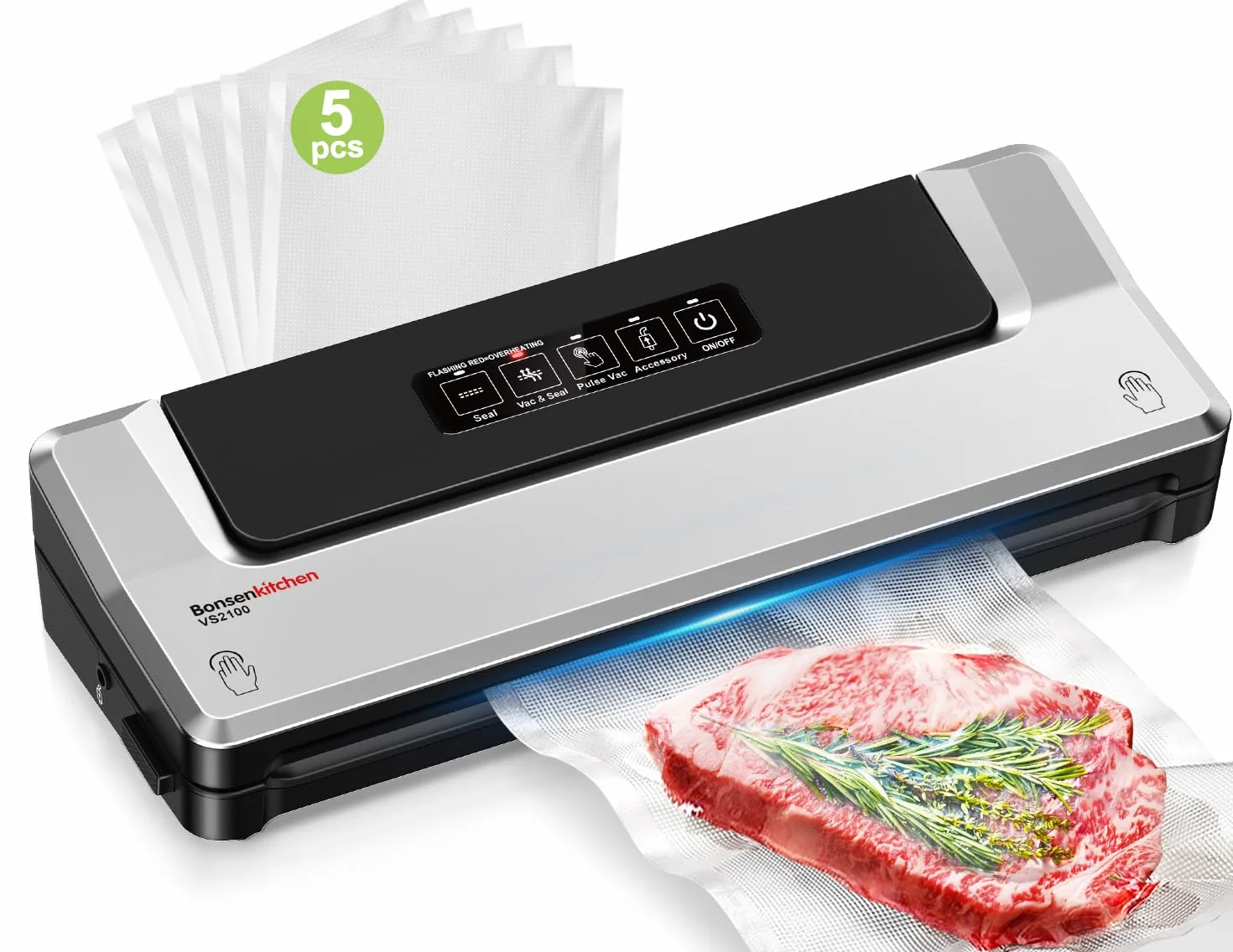 Bonsenkitchen Macchina Sottovuoto per Alimenti 4 in 1, Cottura Sottovuoto e Conservazione, Modalità Vuoto Esterno, 5 Sacchetti