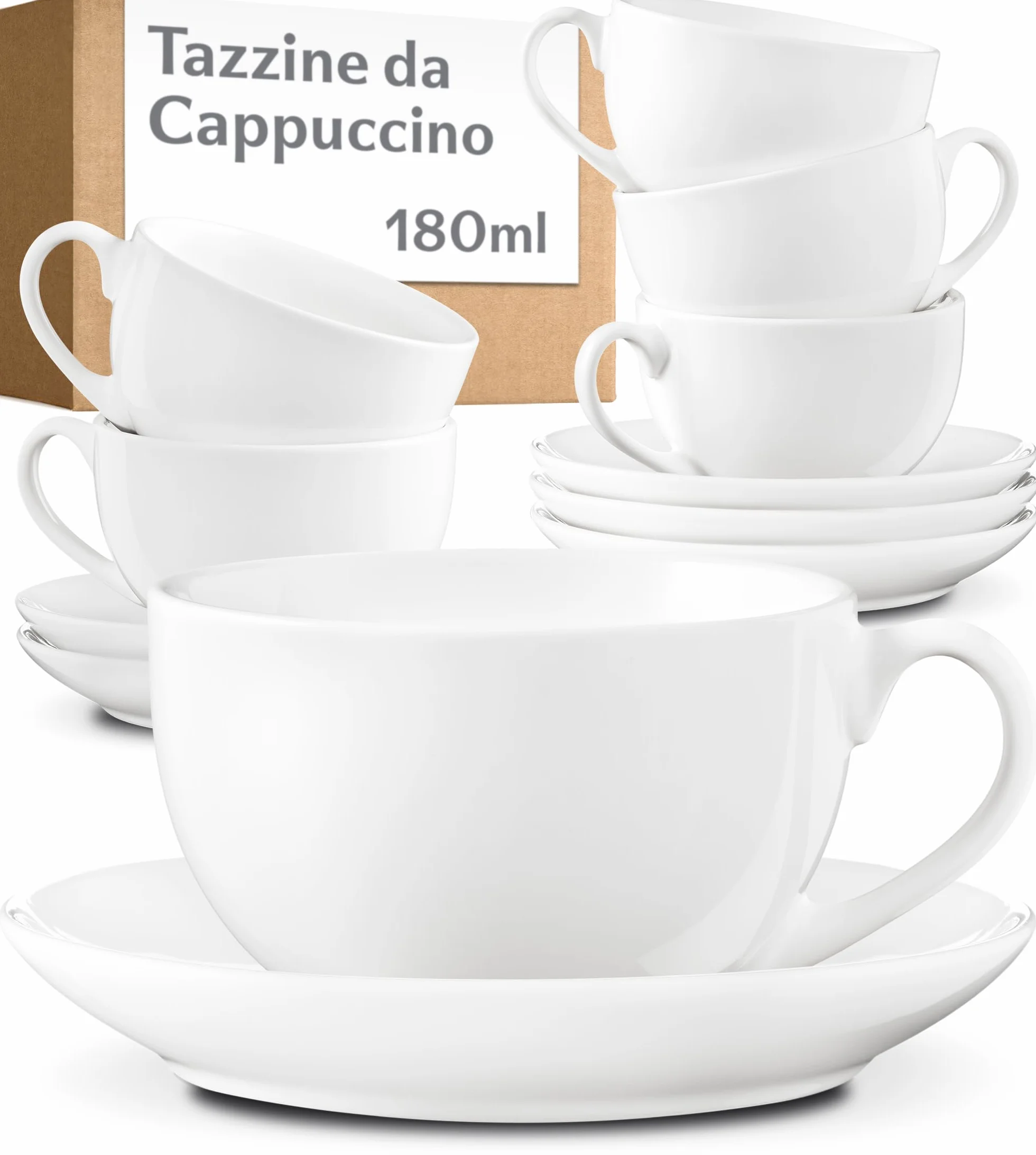 Tazzine Caffè 6 Pezzi in Ceramica Bianche con Piattini - Tazze Cappuccino Lavabili in Lavastoviglie - Set Regalo 180 ml