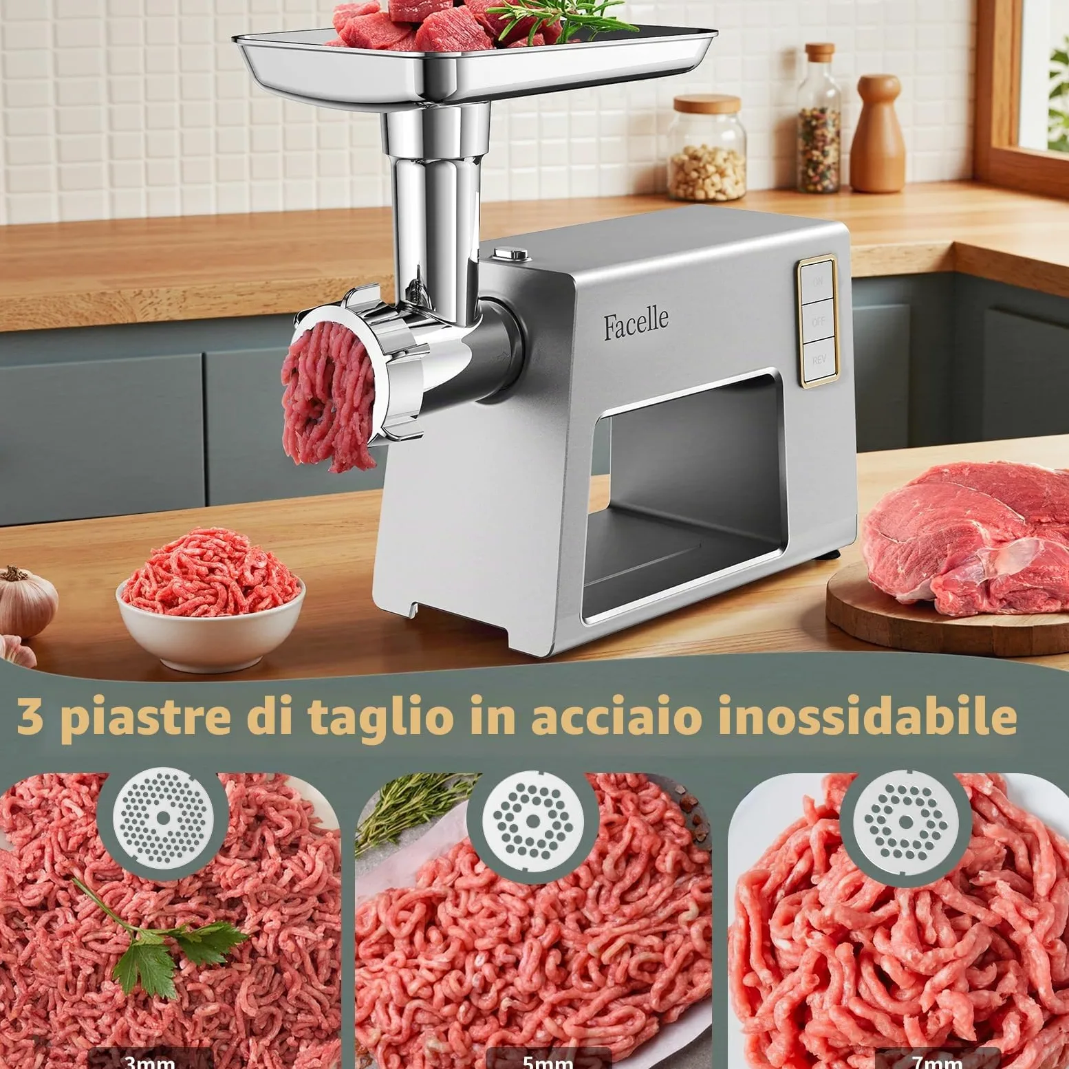 Facelle Tritacarne Elettrico per un Uso Familiare, 2000 W Max, con 3 Piastre Abrasive in Acciaio Inox, 1 Cubo e 1 Tubo di Riempimento per Salsicce, Tritacarne per Hamburger, Kibbeh e Cibo per Cani