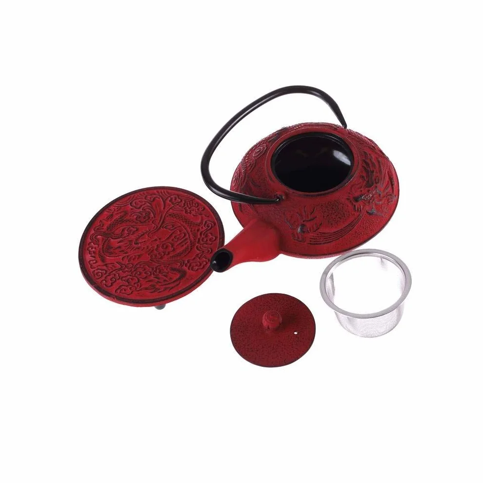 Lachineuse Set da tè in ghisa con drago cinese 1 teiera 4 tazze filtro infusore 0,8 l Rosso
