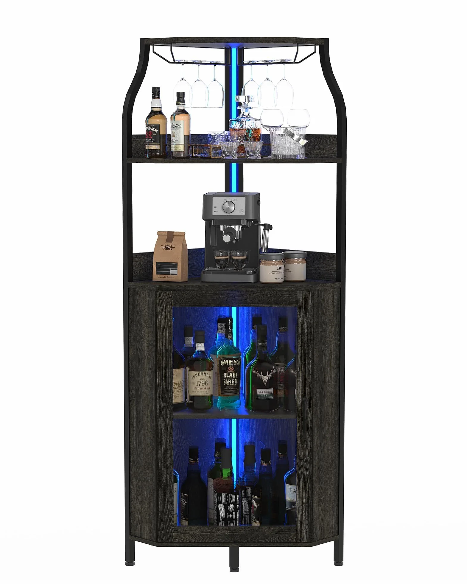 Mobile bar moderno in MDF curvato con 4 ripiani, porta in vetro, vetrina vini indipendente con luci LED, portabottiglie e scaffale vino per casa - Colore DE Black