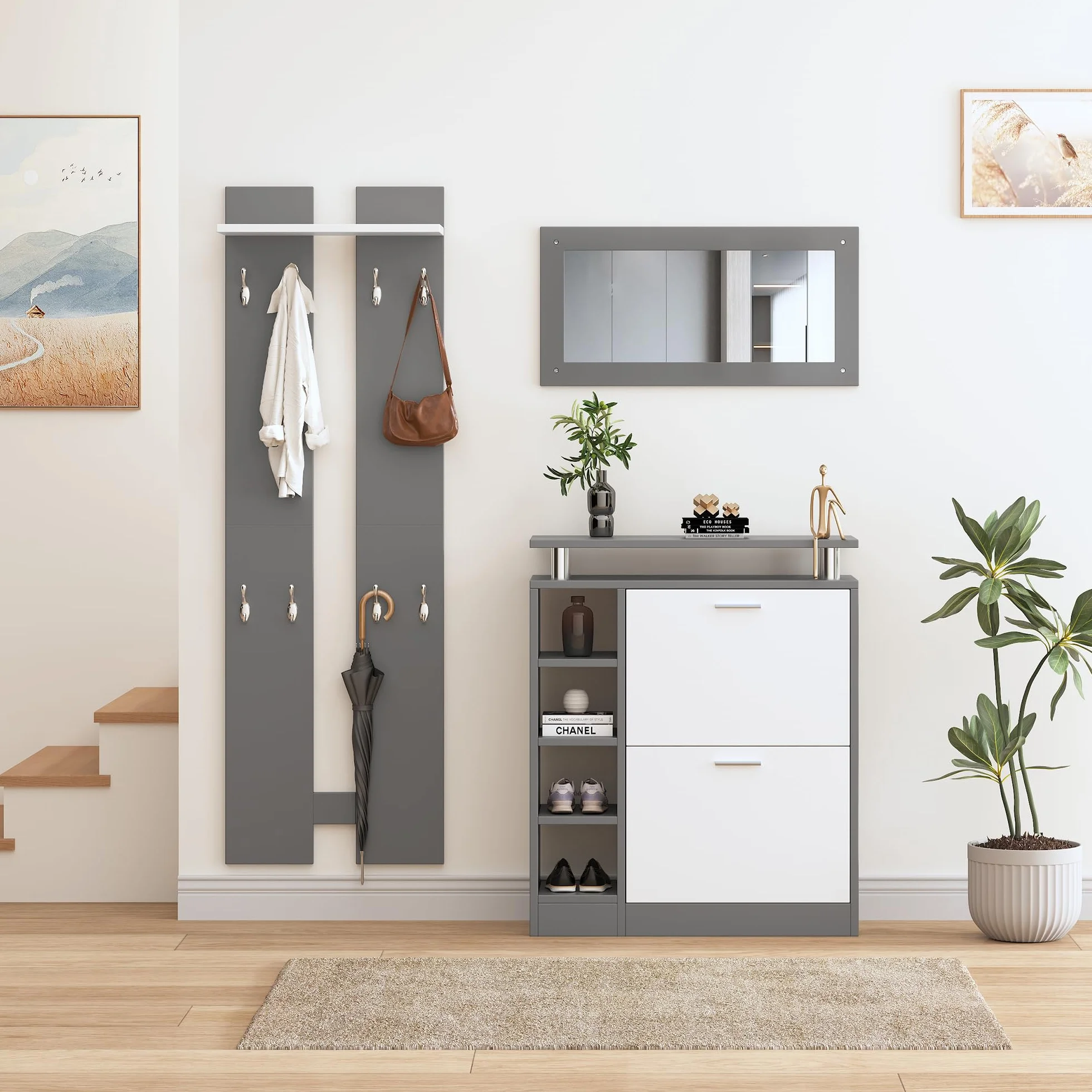 Lexiou Set appendiabiti da parete 80 x 25 x 96,5 cm, con specchio, 2 pannelli da parete, una mensola e una scarpiera, corpo grigio antracite opaco